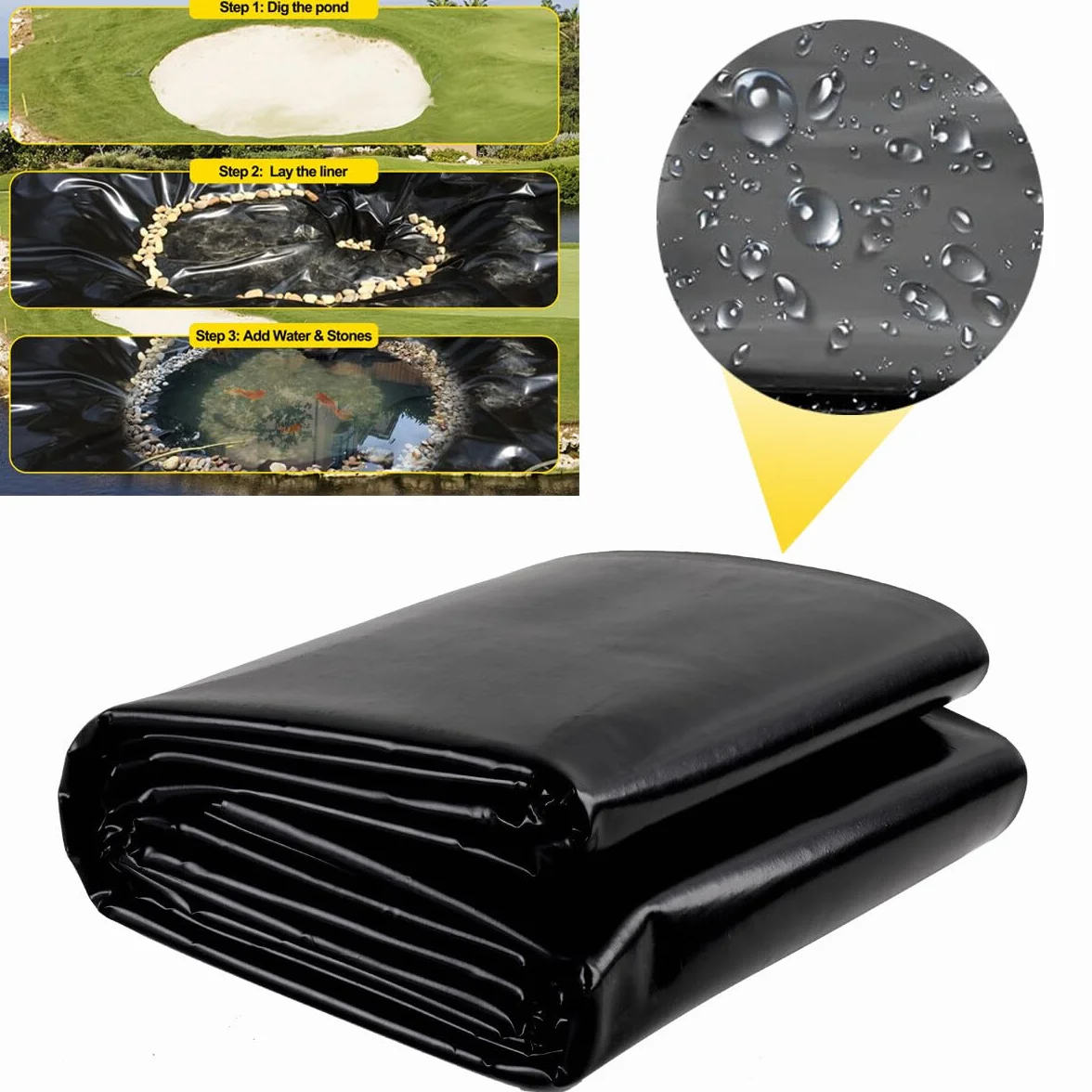 Bâche de Bassin Grand Bassin à Poissons Piscines Membrane Renforcée LLDPE Noir 7.6m x 6m