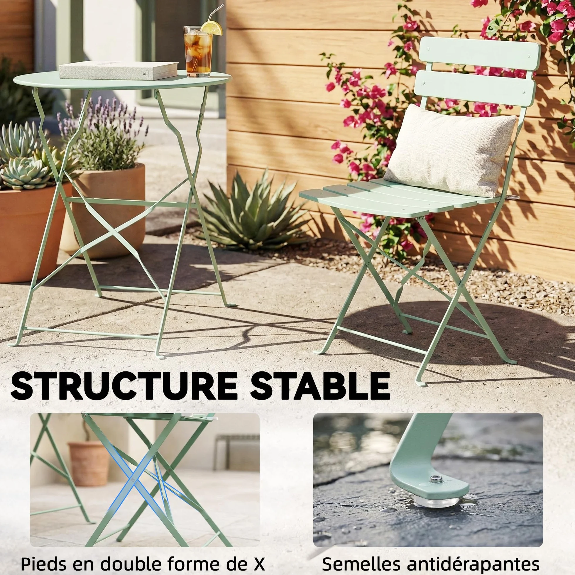 Outsunny Ensemble Bistrot de Jardin 3 Pièces Table et 2 Chaises Pliantes Métal Antirouille Vert