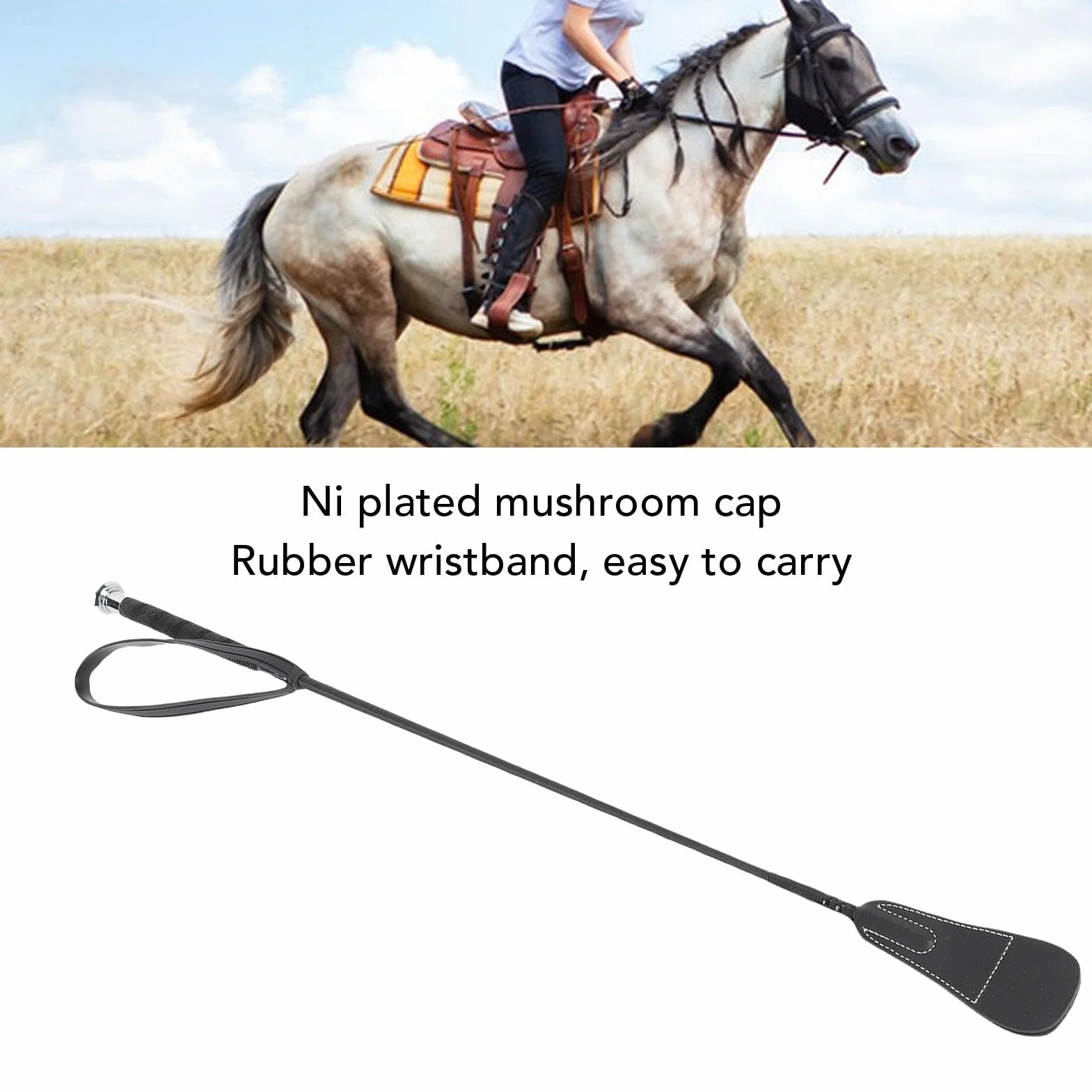 Cravache D'équitation, équipement équestre de Dressage, 68 Cm, Poignée Antidérapante, Tige en Fibre PC, Embout Cuir, Capuchon Champignon plaqué, Dragonne en Caoutchouc pour Le