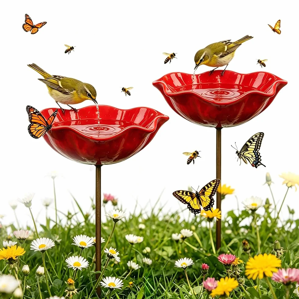 Mangeoire Oiseaux Exterieur en Fonte, Abreuvoir Bain Oiseaux Hauteur, Decoration Jardin (Rouge 2 Pcs)