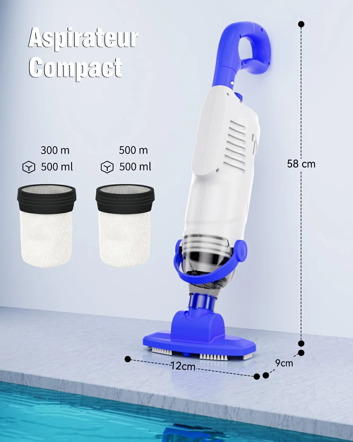 Aspirateur Piscine Manuel 60 Min Autonomie avec Filtres et Brosse pour Piscine Spa Jacuzzi