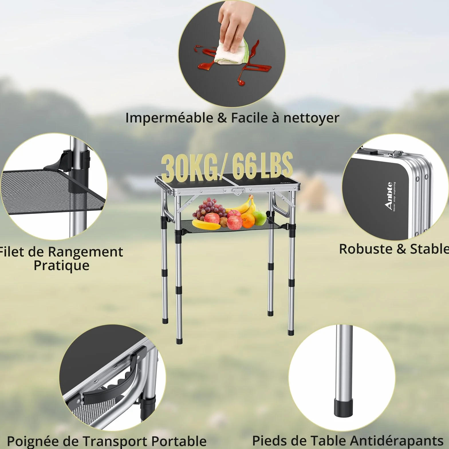 Anbte Table de Camping Pliante avec Rangement Net 3 Hauteurs Aluminium MDF Noir