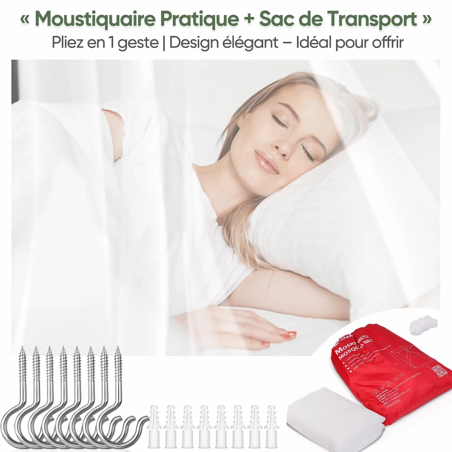 Sekey Moustiquaire pour Lits Simples/Doubles | Écran de Protection Anti-Insectes | Kit de Suspension Complet | Système d'installation Rapide et Facile (220x200x200cm-lit Double-Doubles Ouvertures)