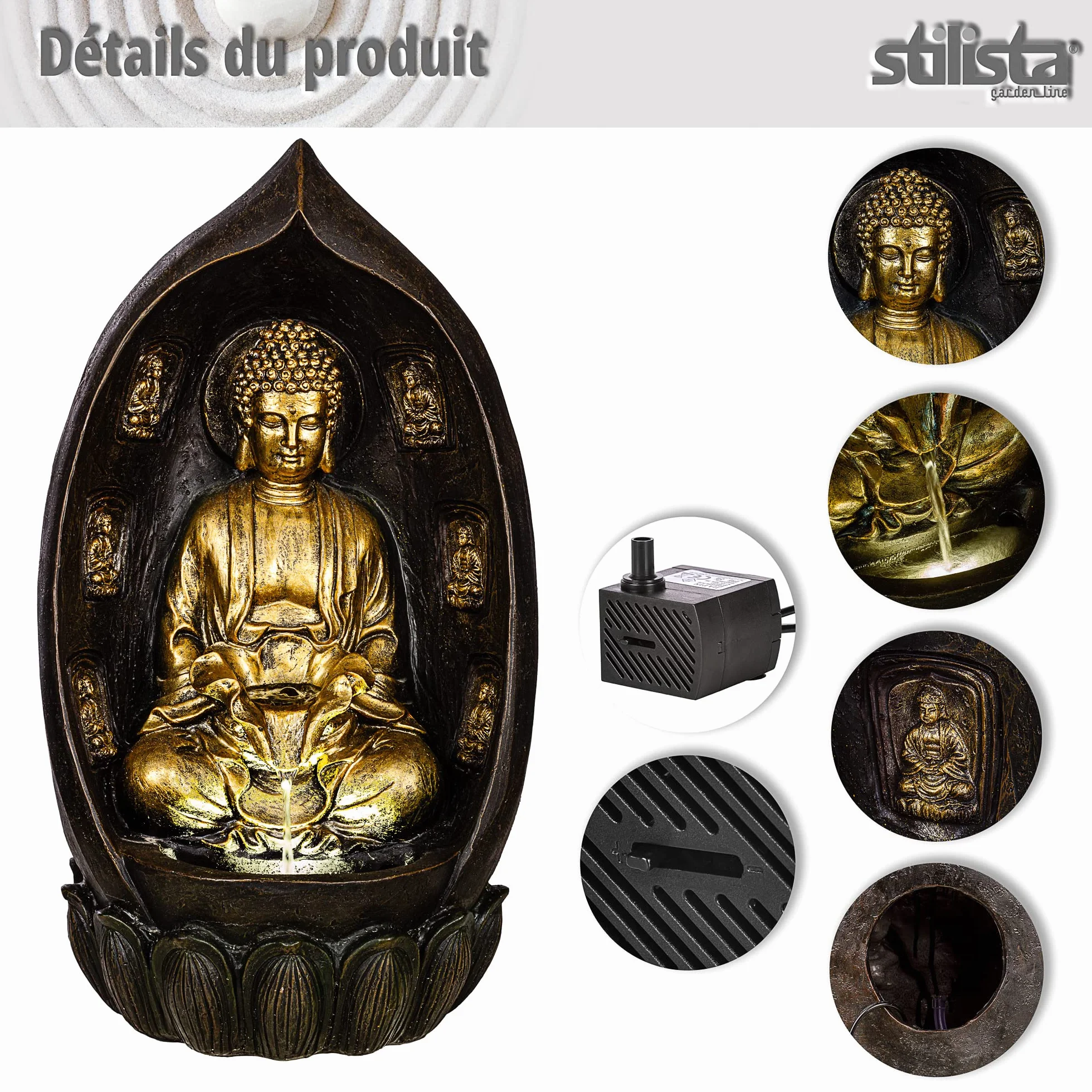 STILISTA Fontaine de Jardin Bouddha 64 x 35 x 29 cm avec Éclairage LED Pompe Incluse