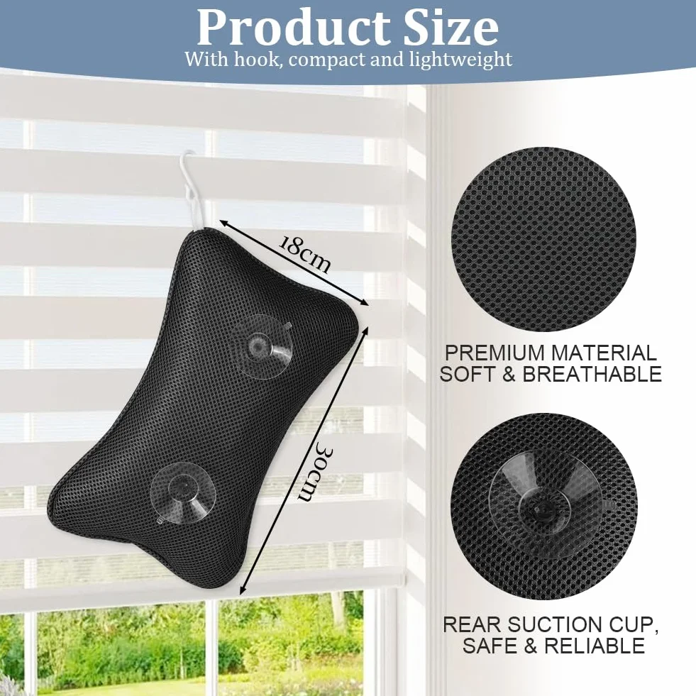 Flintronic Oreiller de Bain Coussin Baignoire Air Mesh Ergonomique avec 2 Ventouses Antidérapantes Noir