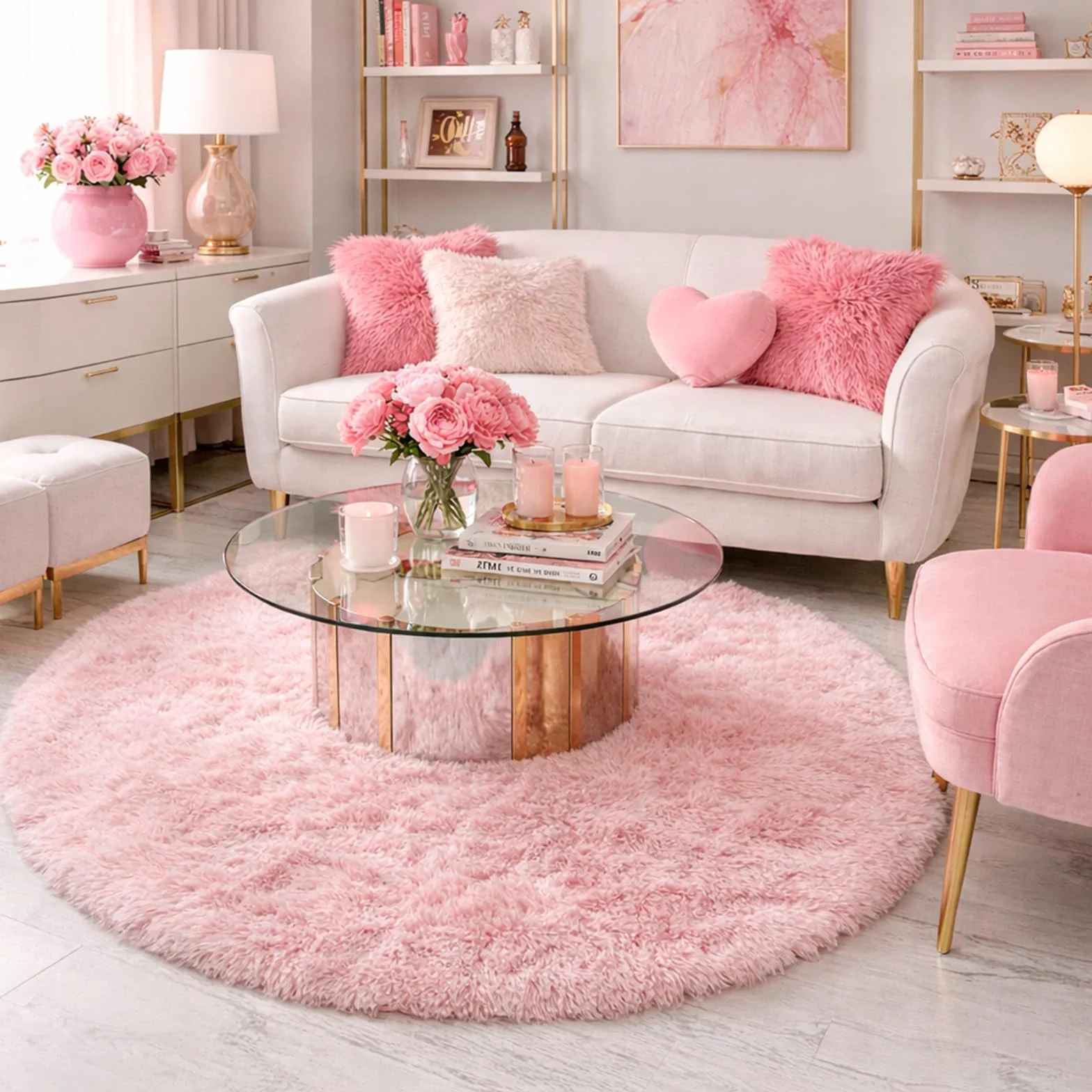 Tapis rond à poils longs pour chambre de fille, pelucheux, salon, crèche, bébé