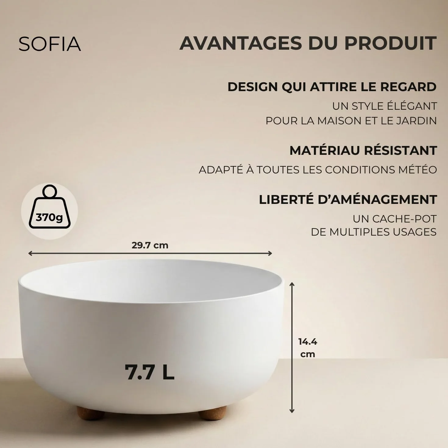 Lamela Pot de Fleurs Rond sur Pieds Plastique Robuste Ø 30 cm H 14,4 cm 7,7 L Blanc Intérieur Extérieur