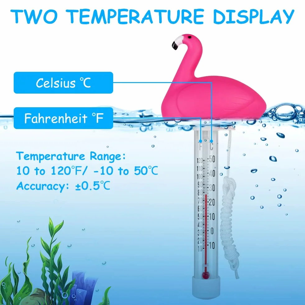 OFFCUP Thermomètre Piscine Flottant avec Ficelle pour Piscines Spas Aquariums (Flamant)