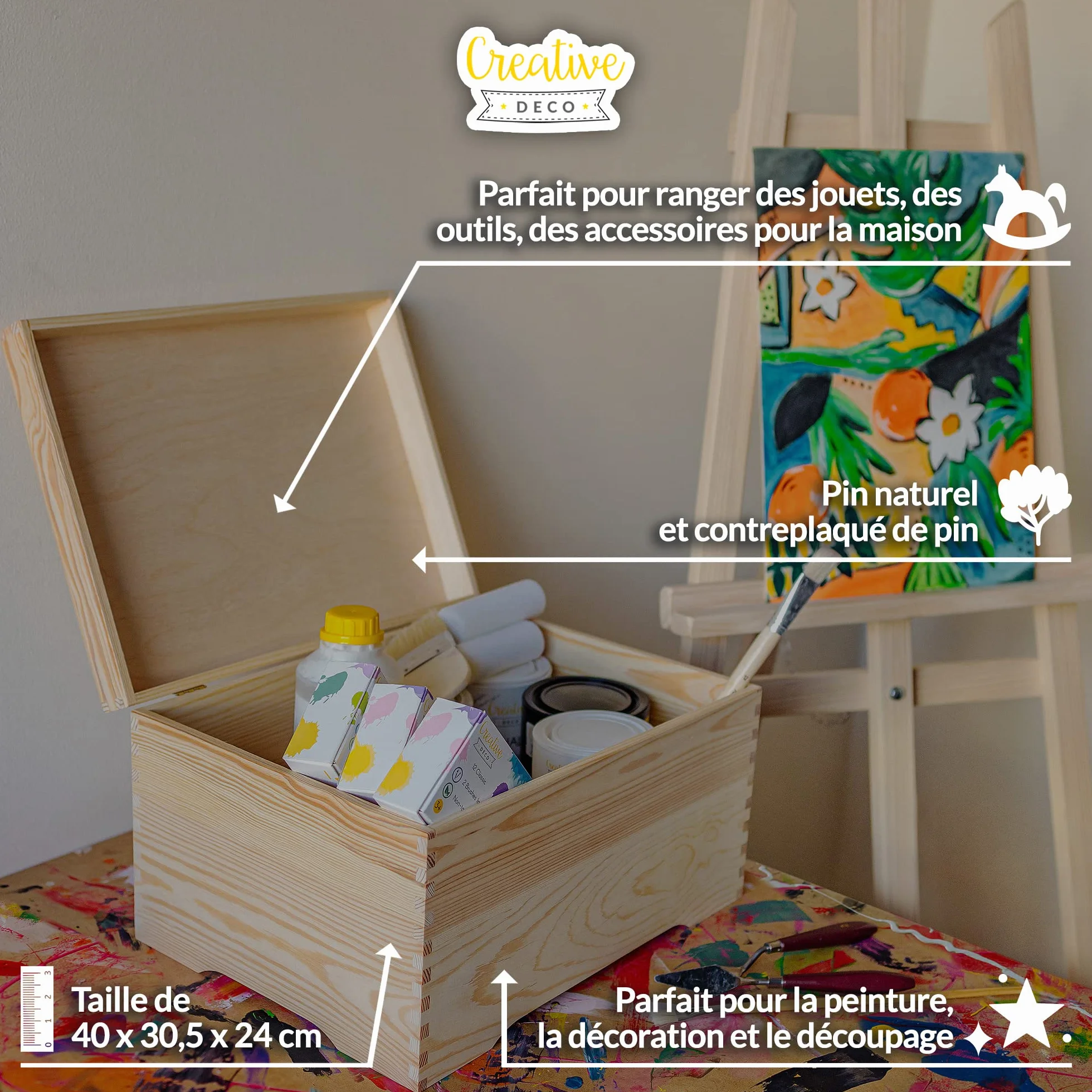 Creative Deco XXL Grande Coffre Rangement en Bois 40 x 30,5 x 24 cm avec Couvercle Organiseur Bureau Noël