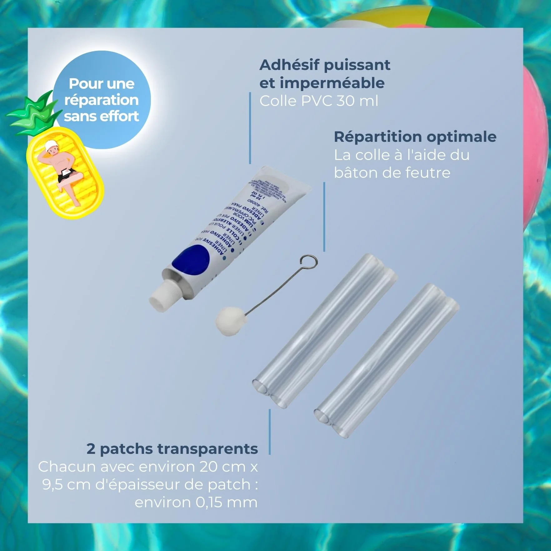 Kit de Réparation Piscine sous l'eau, Colle & 2 Rustines 20 x 9,5 cm, Réparation Gonflables PVC & Liners
