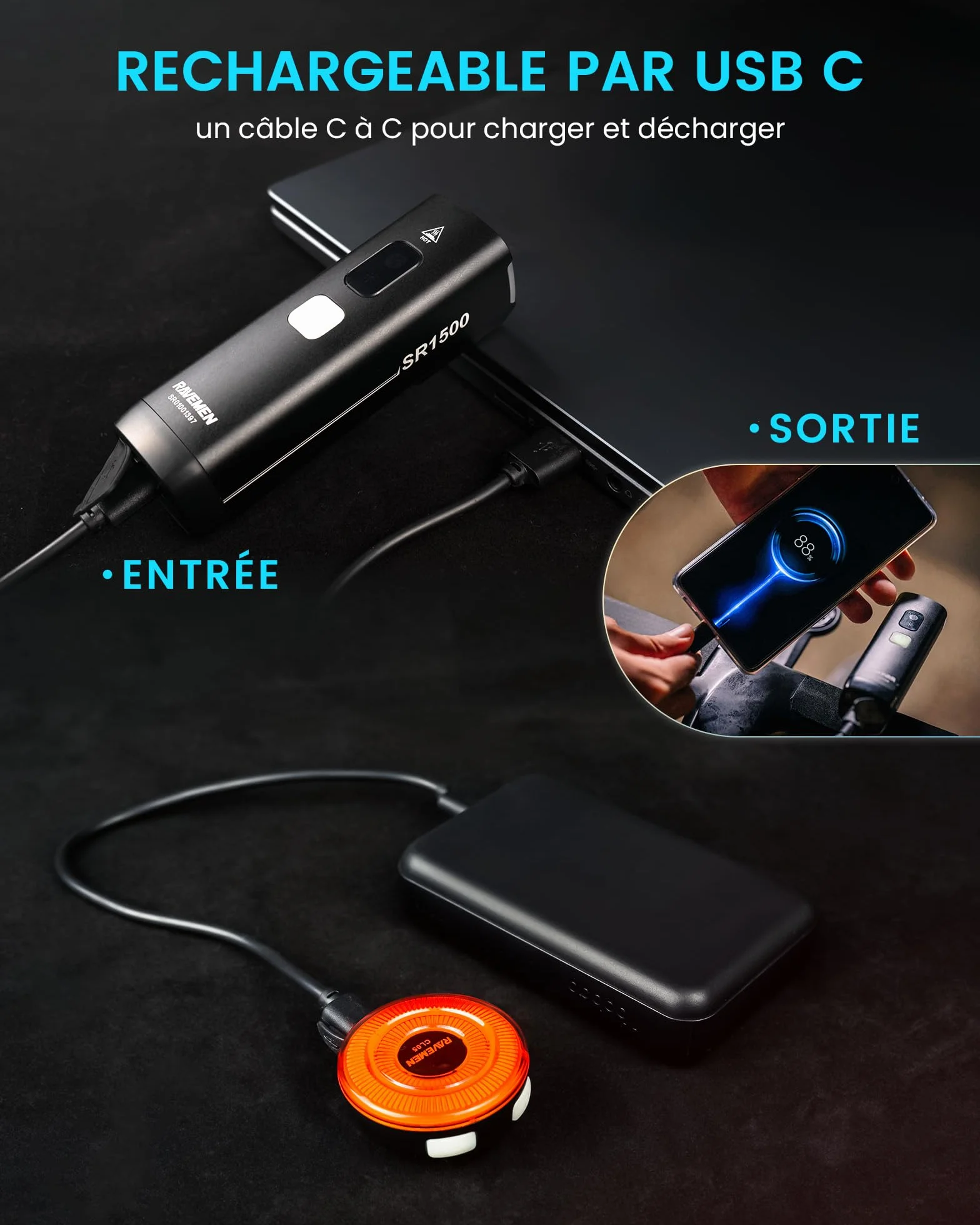 RAVEMEN SR1500 Kit de Feux Avant et Arrière pour Vélo,Combinaisons de Phares Avant et Arrière Intelligents de 1500 Lumens Rechargeable par USB C pour Le Cyclisme sur Route, en Montagne et en Ville