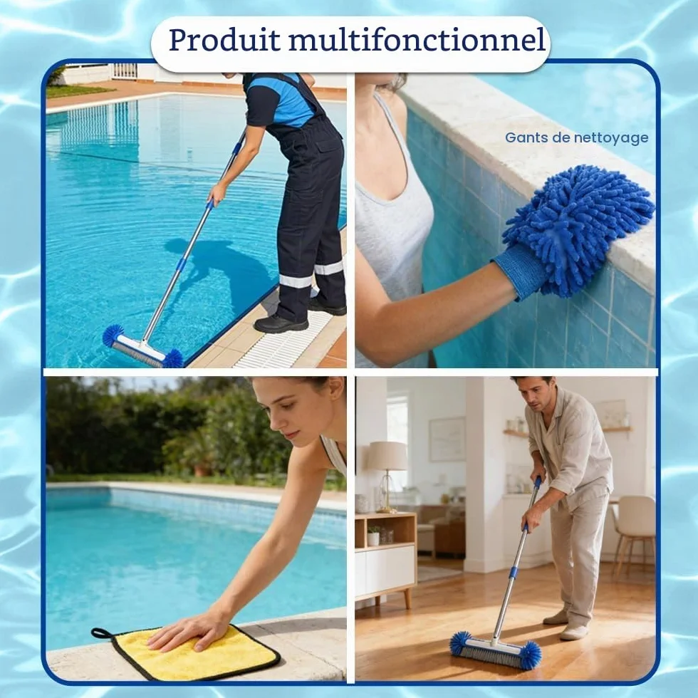 Brosse de Piscine avec Tige Télescopique 194 cm, Tête de Brosse 43 cm, Perche Amovible Acier Inoxydable