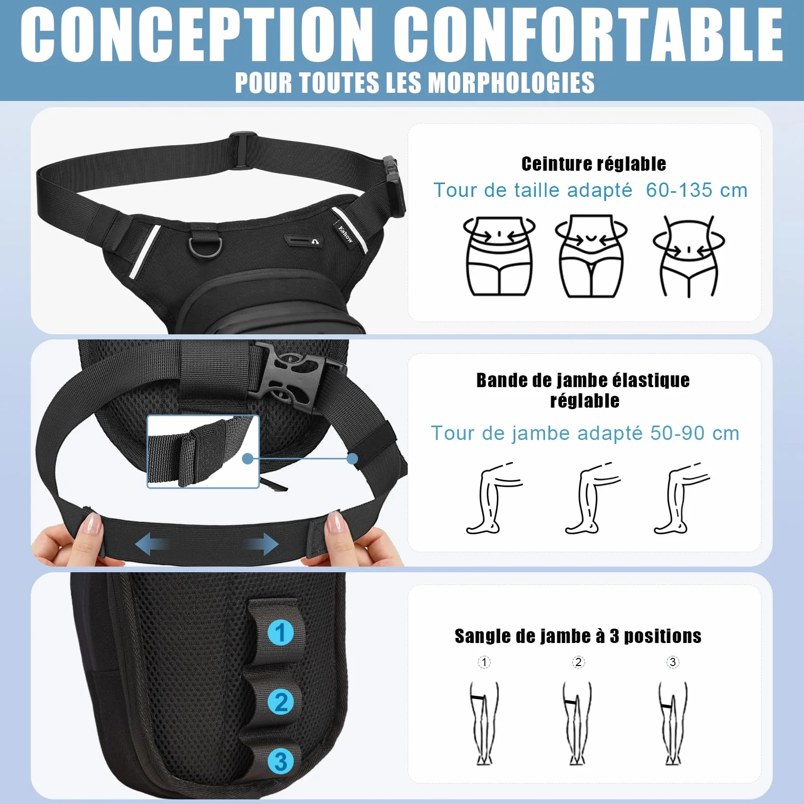 Eshow Sacoche de Jambe Moto Capacité Extensible,Sac Banane Homme Femme Bande Réfléchissante, Ceinture Réglable, 4 Mousquetons Randonnée Outdoor