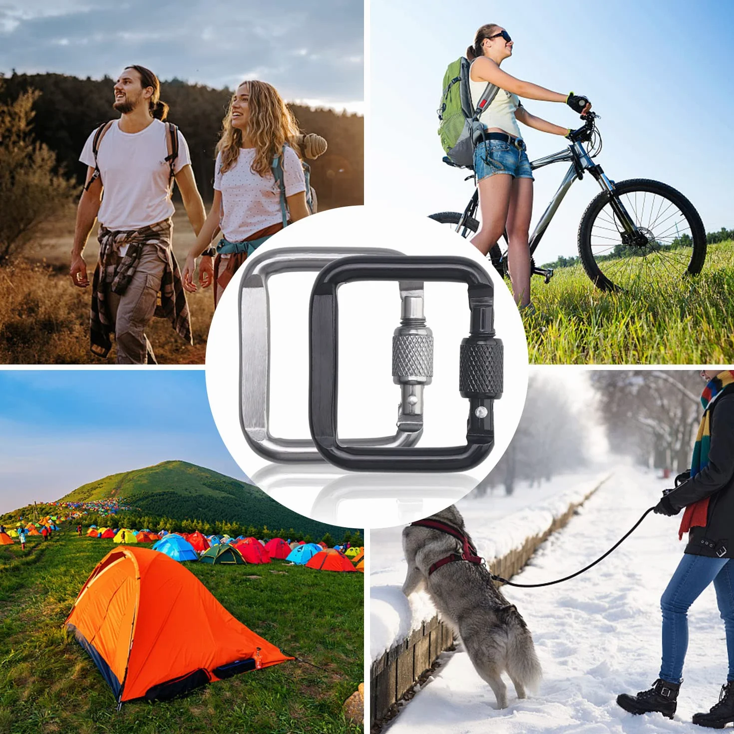 4 PCS Mousqueton, Mousqueton Aluminium, Mousqueton Escalade avec Bouchon à Vis, pour l'extérieur, Camping, Randonnée, Voyages, Pêche, Sac Dos(Argent, Noir)