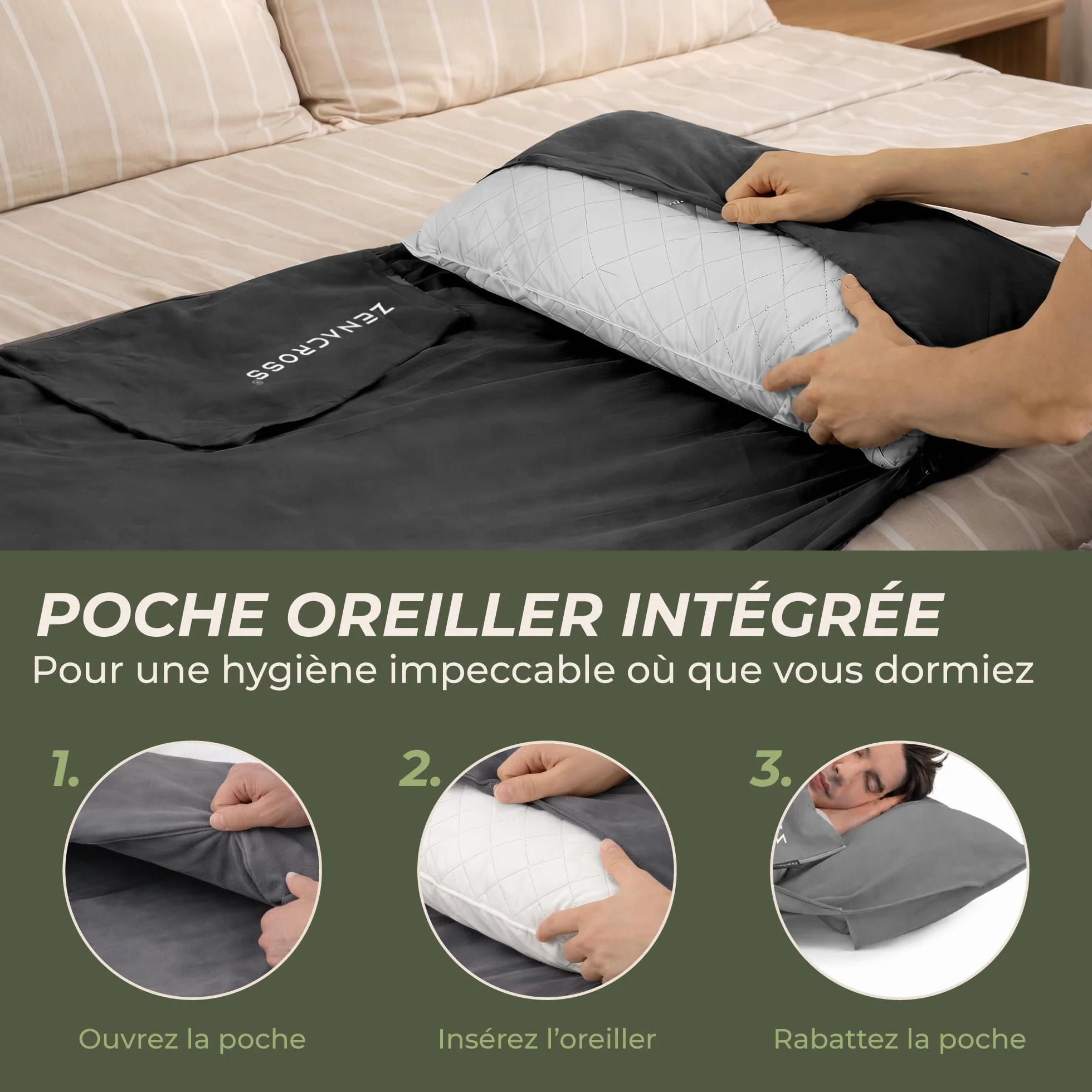 Drap de Sac de Couchage Adulte Compact Et Leger pour Voyage - Sac de Couchage Ete Microfibre, Compartiment Oreiller - Ultra Leger