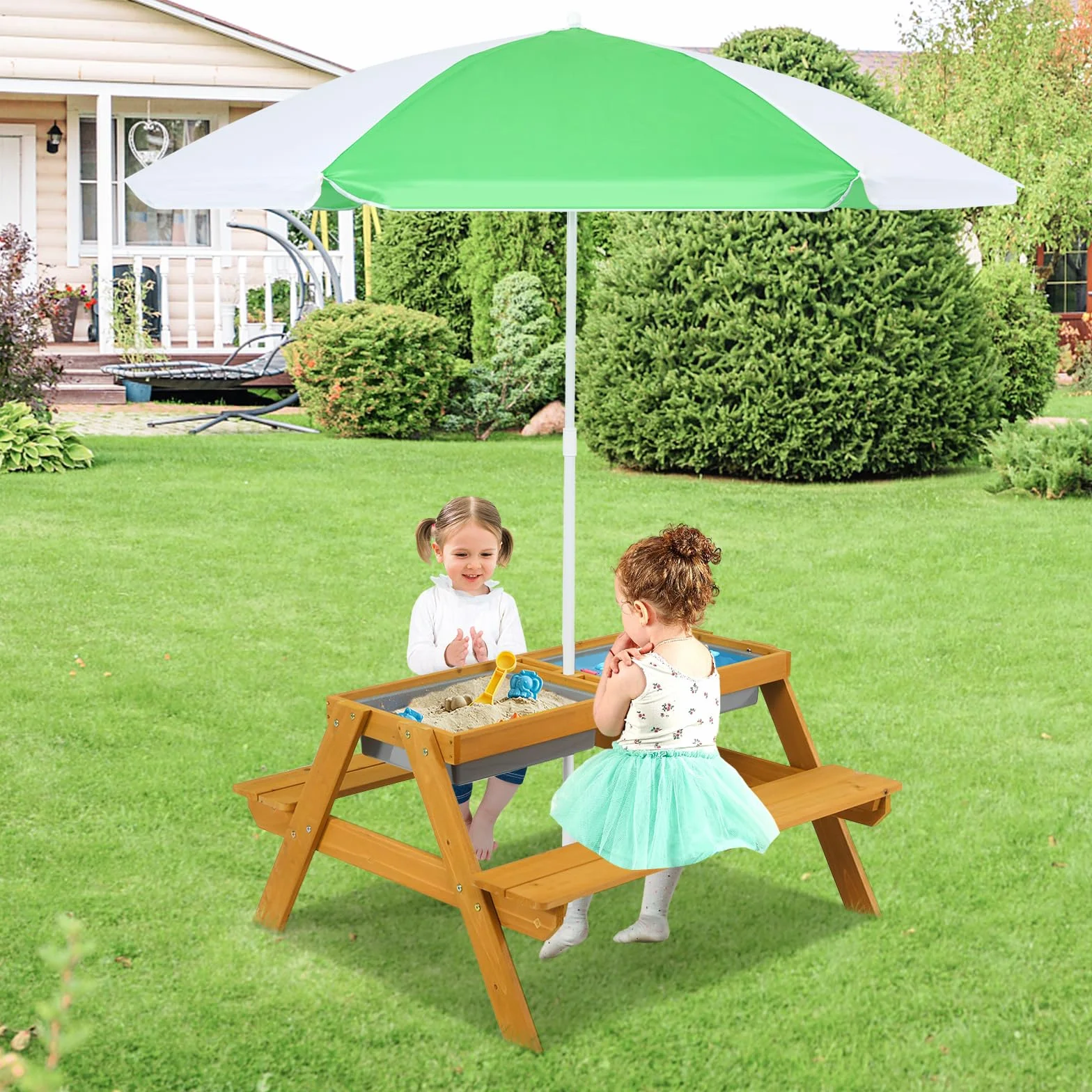 GOPLUS Table Enfant Banc Parasol 3 en 1 Convertible Plateau Amovible Boîtes Rangement Bois Extérieur Jardin Vert Blanc