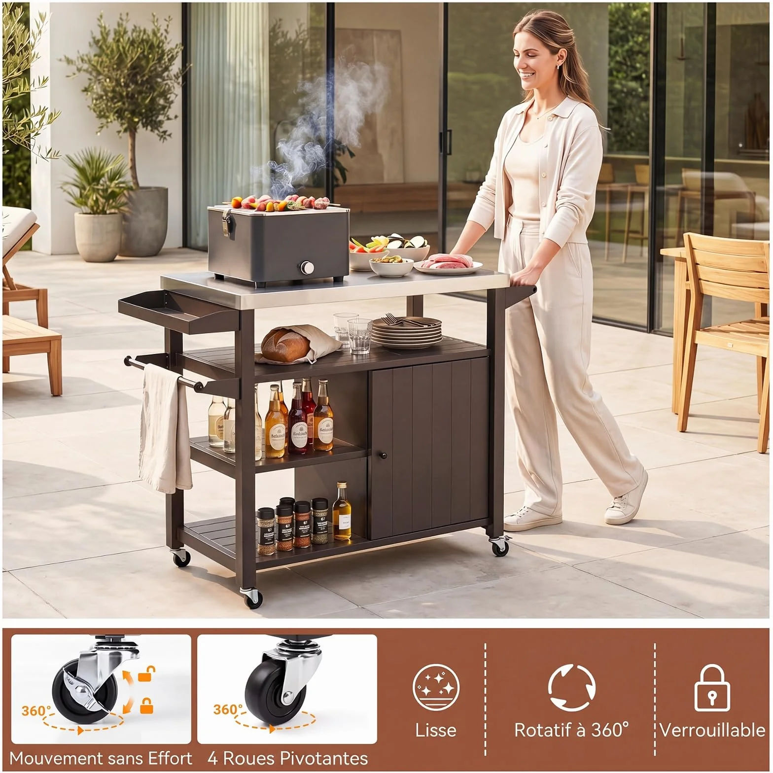 COSTWAY Chariot de Barbecue Extérieur Acier Inoxydable avec Rangement 116x50x87 cm