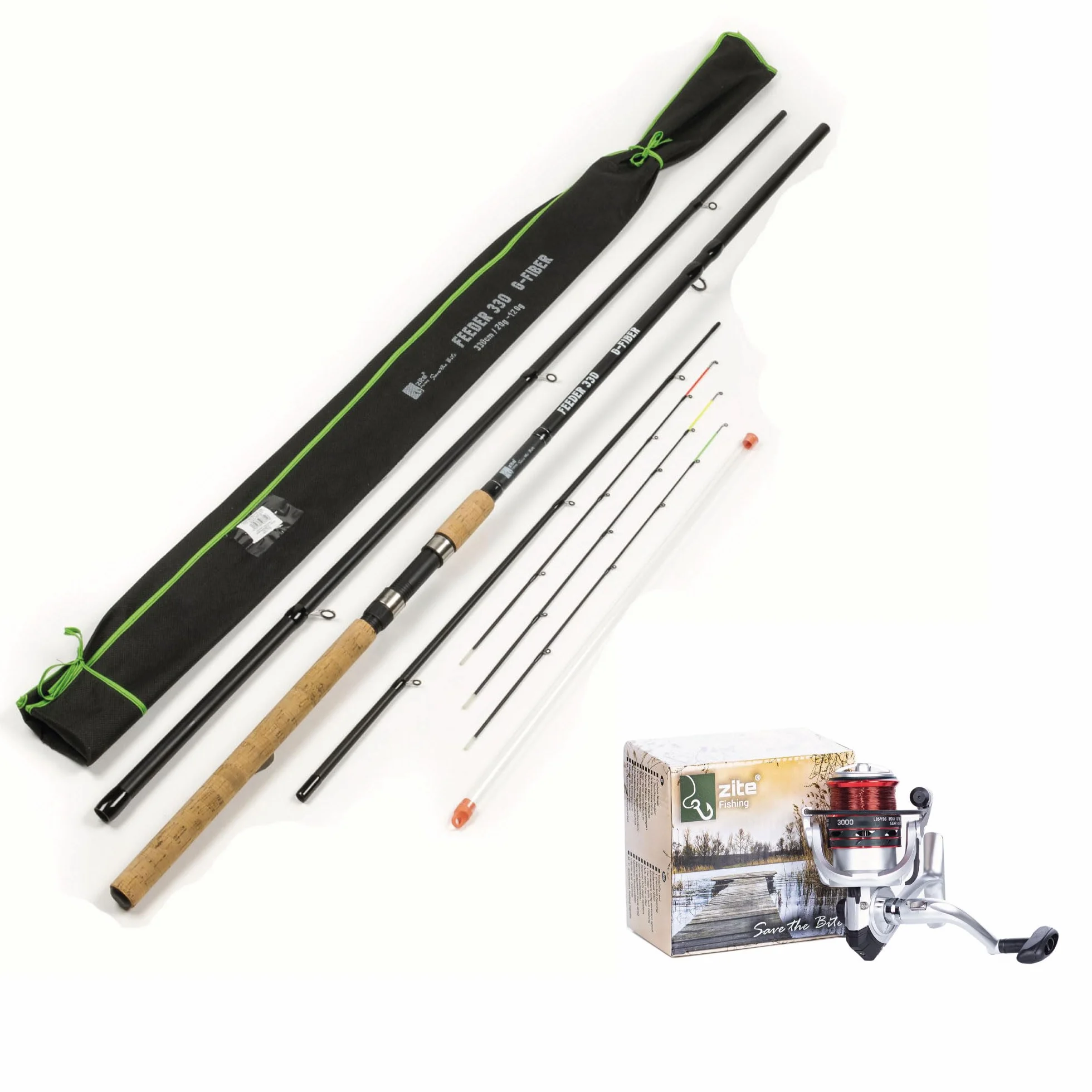 Zite Fishing Feeder Kit de pêche | Canne à pêche feeder 3,30 m 20–120 g | Idéal pour la pêche à la mangeoire | Moulinet polyvalent bobiné 3000 3BB | 2 bobines en aluminium
