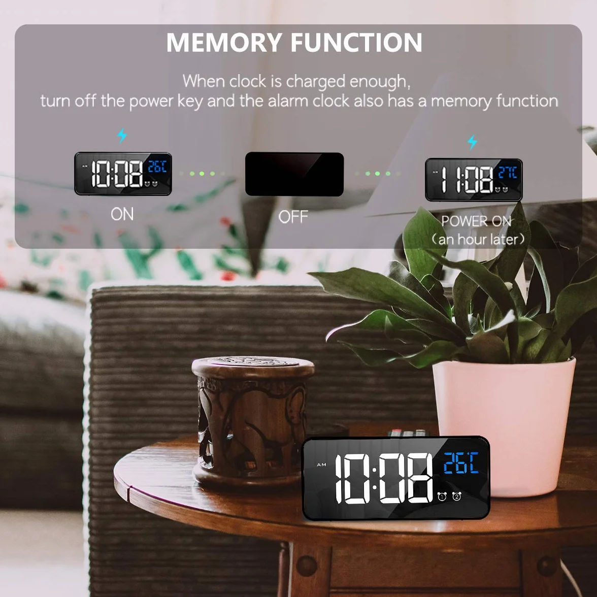 LATEC Réveil Numérique LED avec Snooze et Chargeur USB Noir