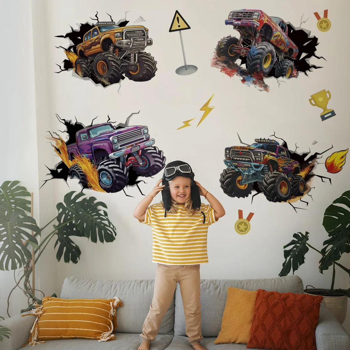 Runtoo Autocollants muraux 3D Monster Truck Break Through Cars Décoration murale chambre garçon