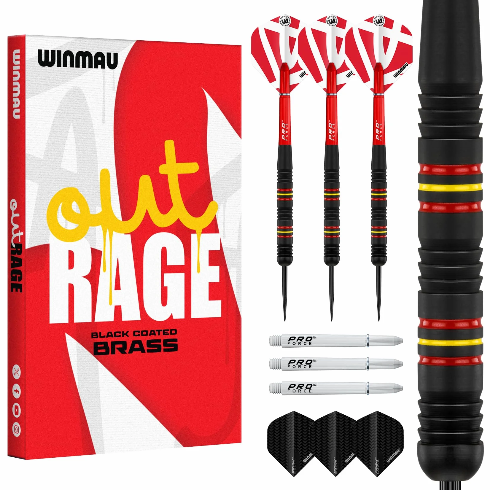 WINMAU Outrage Jeu de fléchettes en Laiton 20-23 g avec Plumes prismatiques et tiges (Cas)