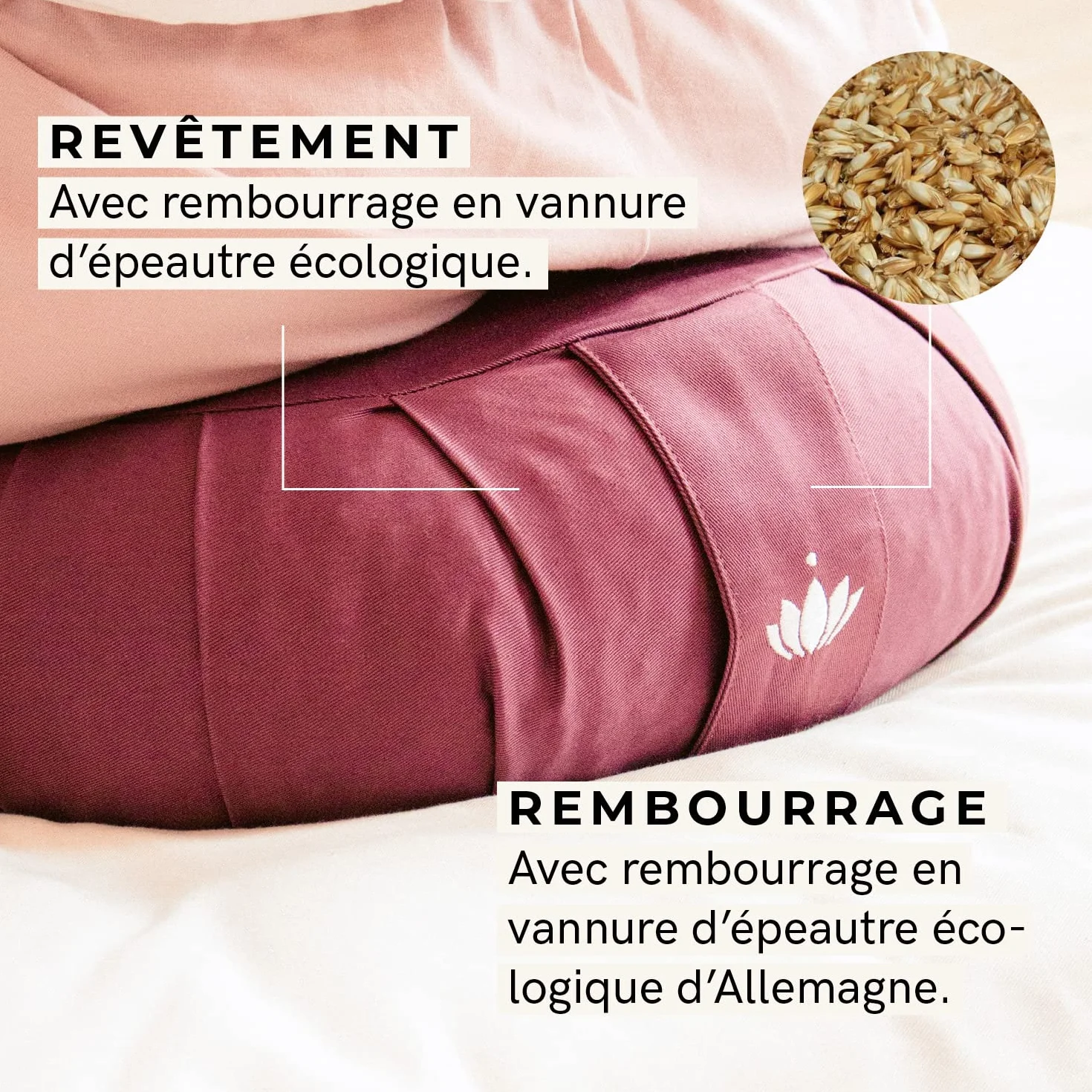 LOTUSCRAFTS Zafu coussin de méditation, hauteur d'assise 15 cm, modèle Zen rond, coussin de yoga, yoga bolster, housse en coton lavable, rembourrage d'épeautre, Certifié GOTS