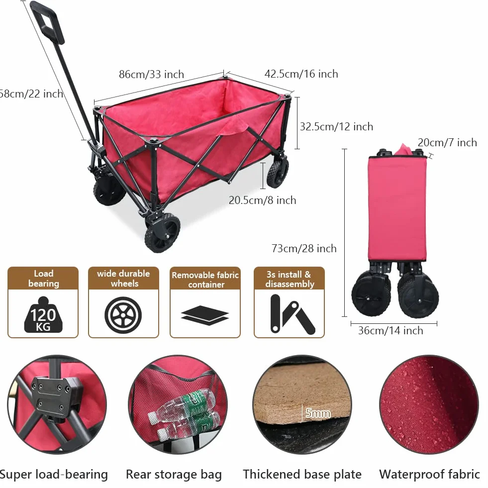 Chariot de Pique-Nique Pliable Grande Capacité Roues Pivotantes 360° Freins Rouge