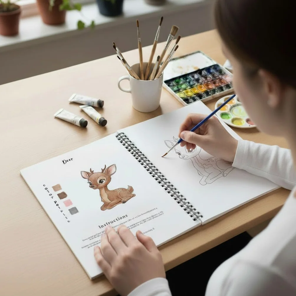 Cahier d'aquarelle pour débutants, 30 motifs fleurs animaux, 16 couleurs, 2 pinceaux, livre de peinture aquarelle adultes détente