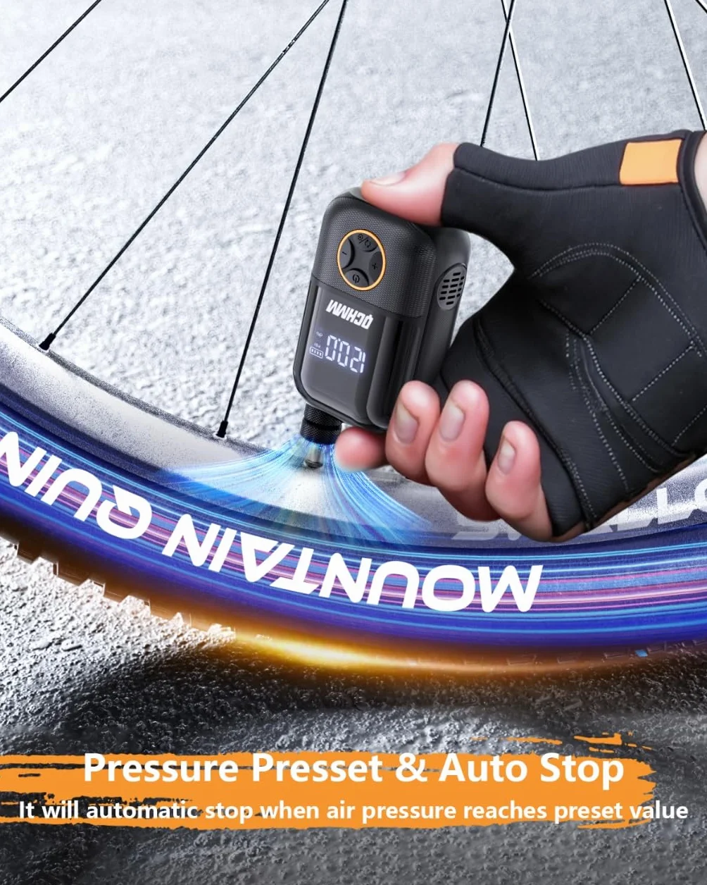 Mini Pompe vélo électrique avec Manometre, Pompe à vélo Portable de 120PSI avec Valve Presta et Schrader, de Route, VTT, vélos de Ville et vélos électriques