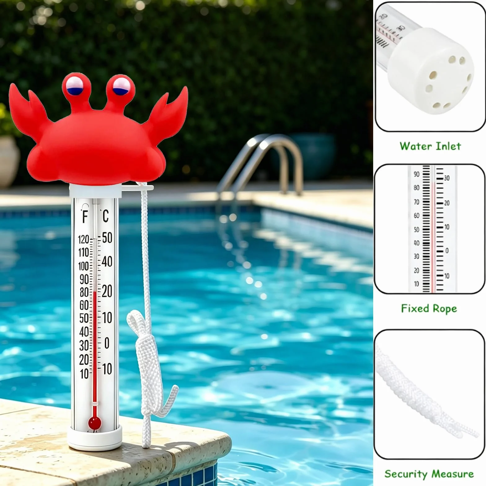 Thermomètre d'eau flottant piscine incassable cordon design cartoon crabe