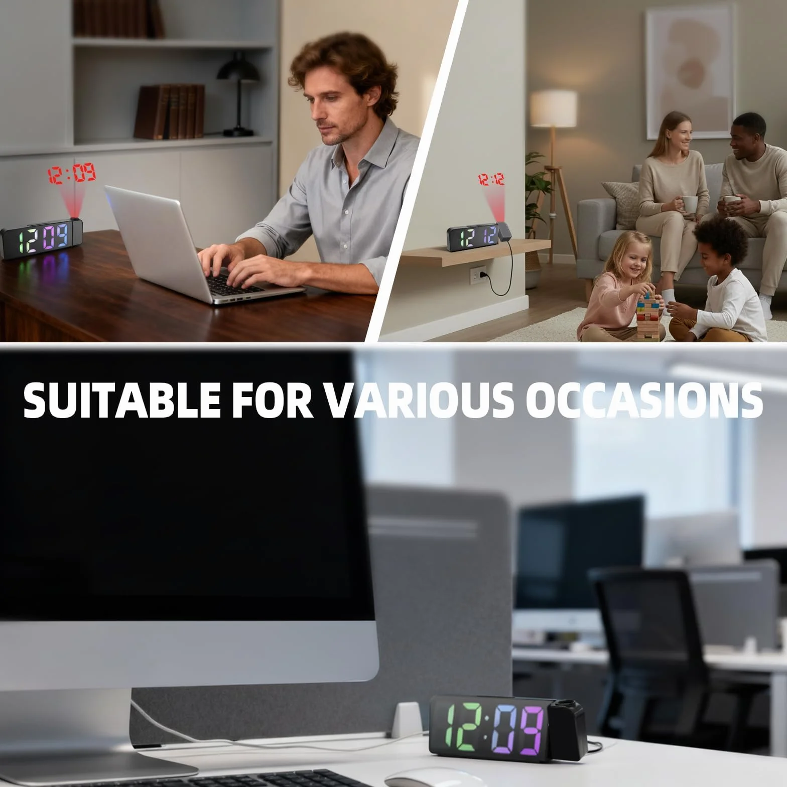 Réveil Projecteur 7,9" LED avec Projection Numérique, Thermomètre, 180° Réglable, Snooze, Mode Nuit