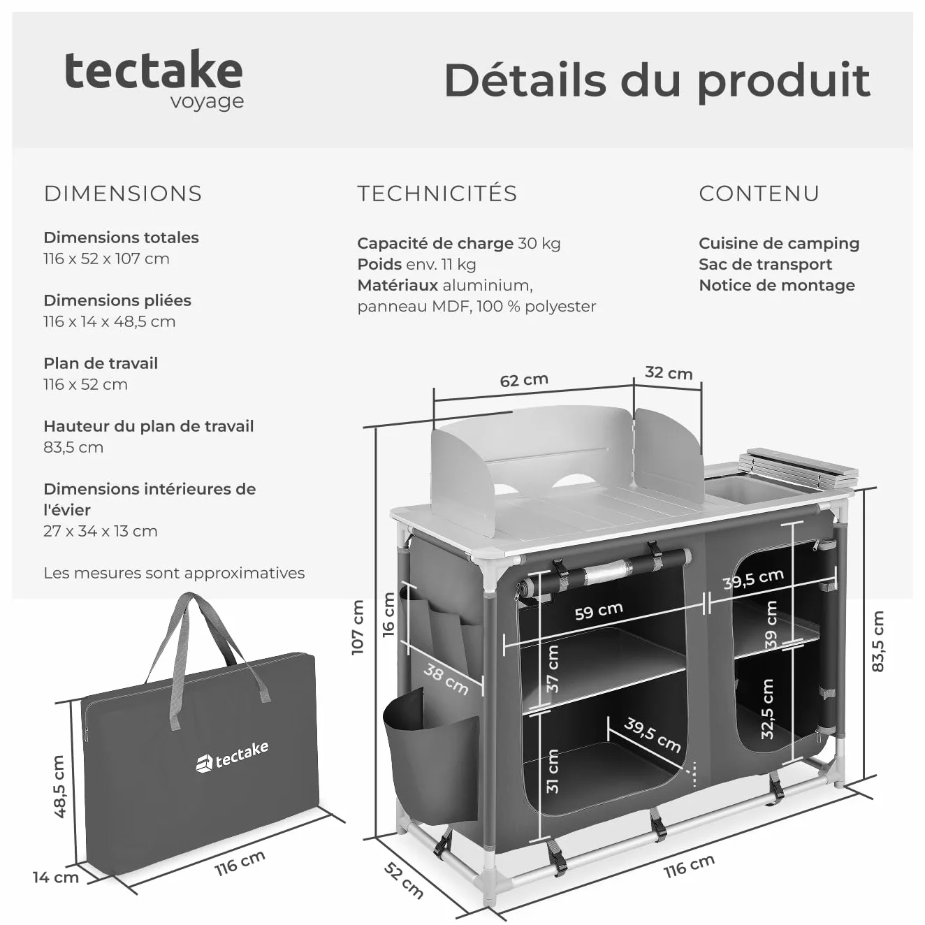 tectake® Meuble de Rangement Cuisine de Camping Pliable en Aluminium, avec Étagères, Plan de Travail, Pieds réglables, Sac de Transport Inclus, Stockage pour Vaisselle, Accessoires Cuisine, Aliments