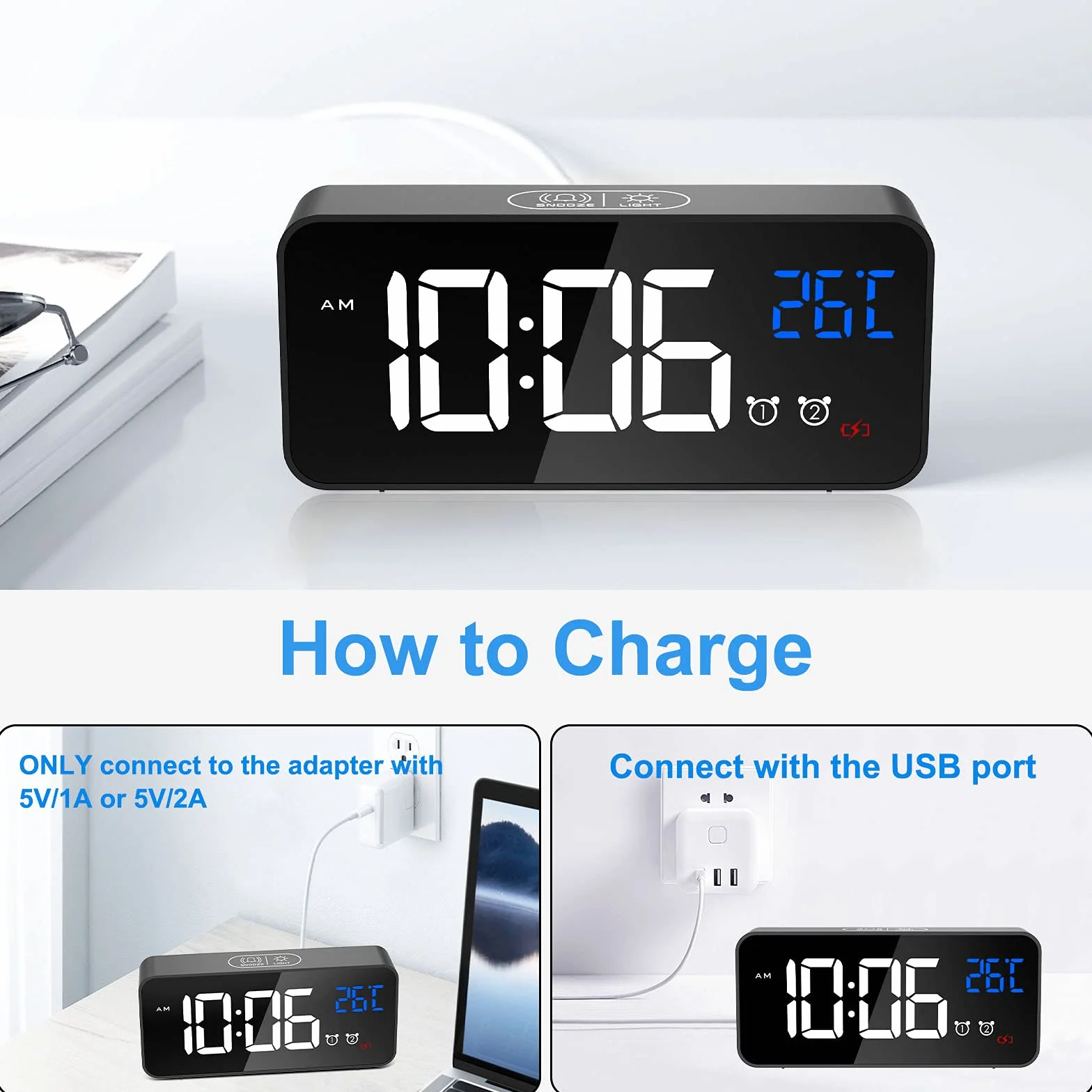 CHEREEKI Réveil Numérique LED avec Température, Snooze, 2 Alarmes, 12/24H, USB