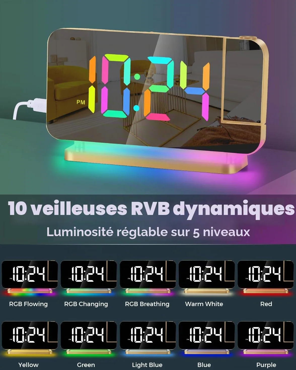 Réveil à projection Miroir LED 7,4" avec veilleuse RVB station de charge USB C projecteur rotatif 180° doré