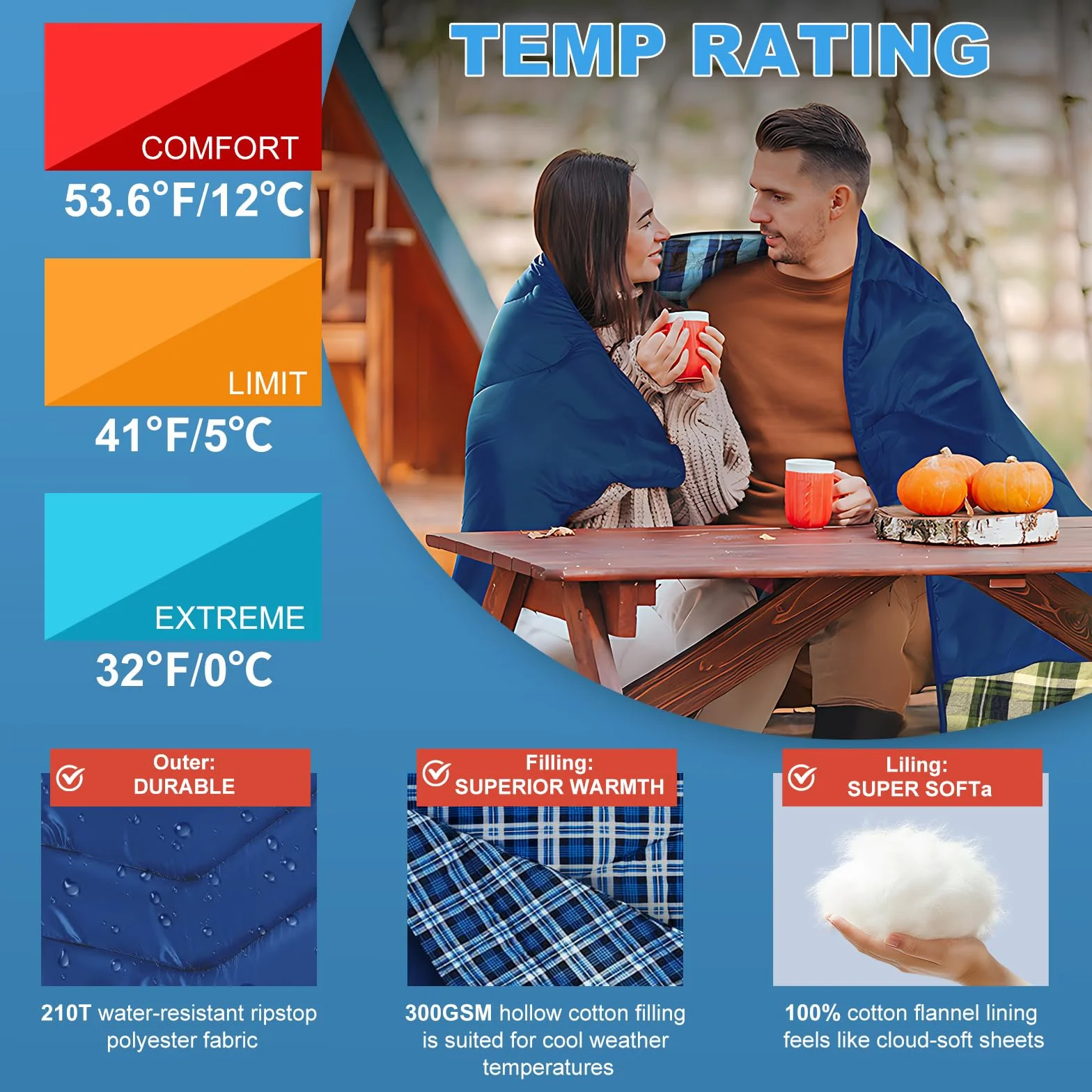 Sac de Couchage Double Grande Taille en Flanelle - 3 Saisons Léger - Famille/Couple - Idéal Camping, Extérieur & Intérieur - Sac de Compression Inclus