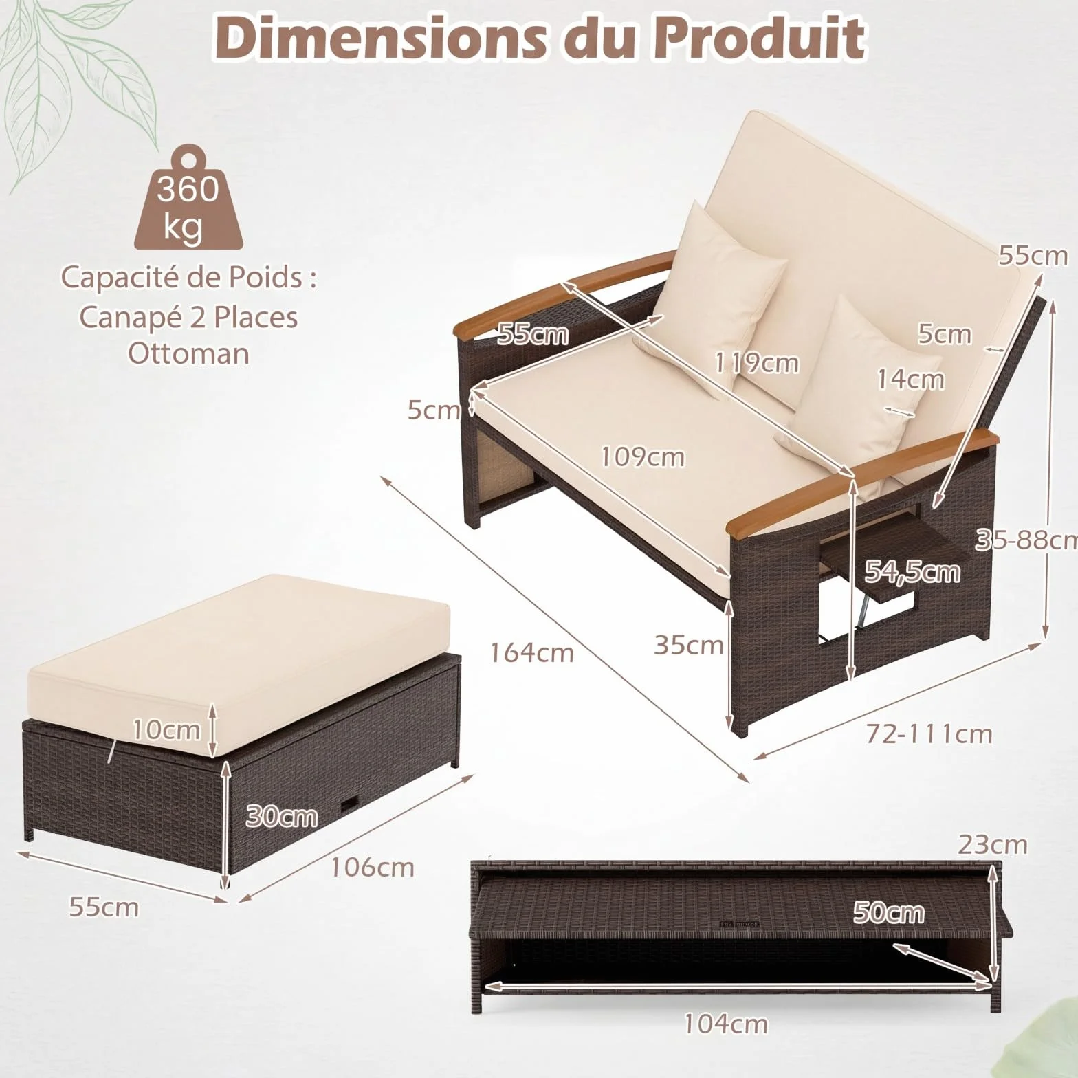 COSTWAY Salon de Jardin en Rotin avec Ottoman de Rangement, Charge 360KG, Bain de Soleil Plateau Latéral Rétractable Dossier Réglable Coussins 4 Positions, Canapé 2 Places Beige