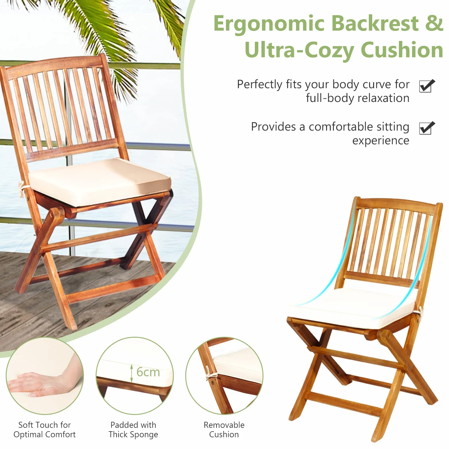 GIANTEX Salon de Jardin 2 Personnes Bois d'Acacia, Table Extérieure avec Chaise, Coussins Amovibles, Beige Naturel
