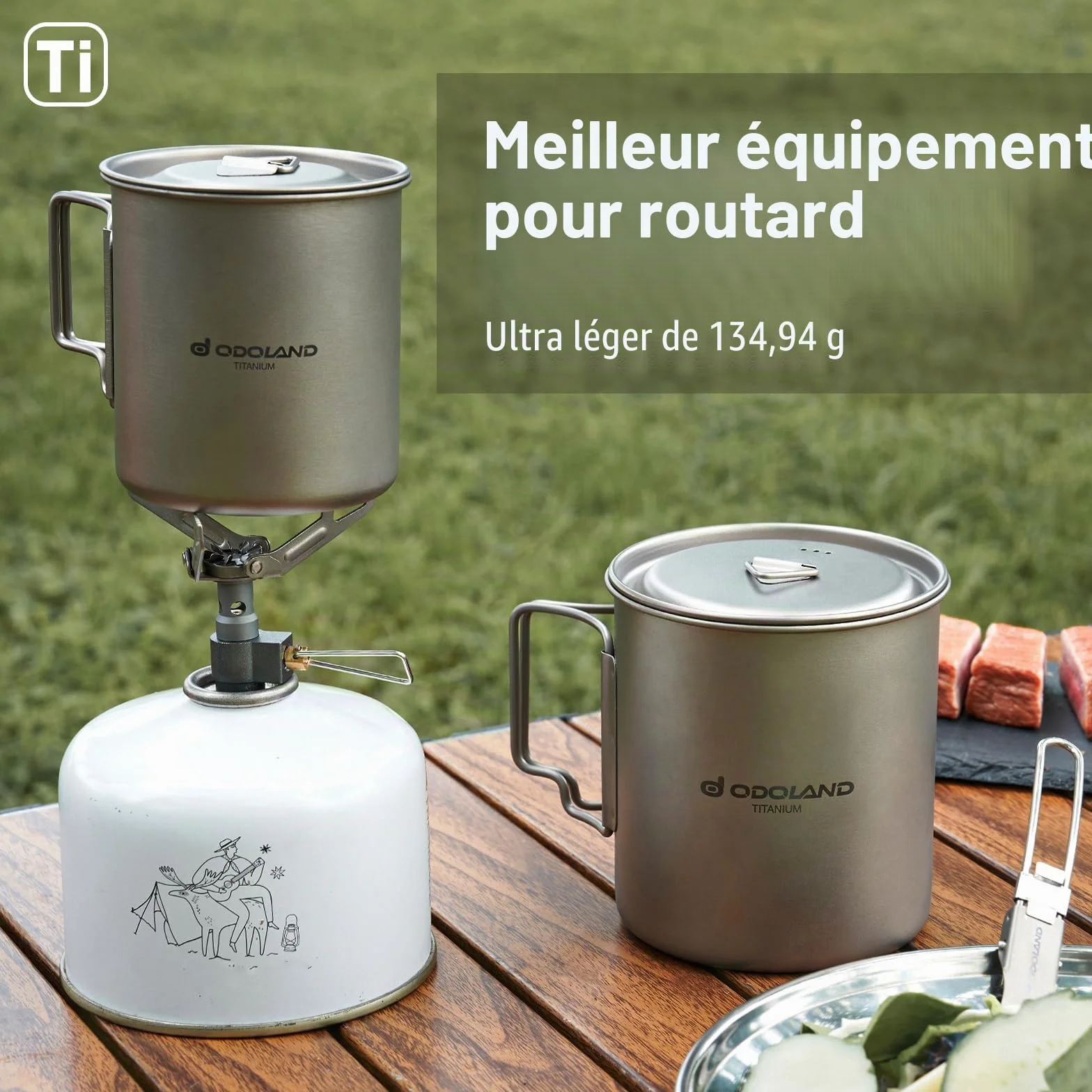Odoland Pot en Titane 420ml Ultraléger Portable Tasse à Eau en Titane, Tasse de Camping avec Couvercle et Spork pour Camping, Randonnée, Voyage et Trekking