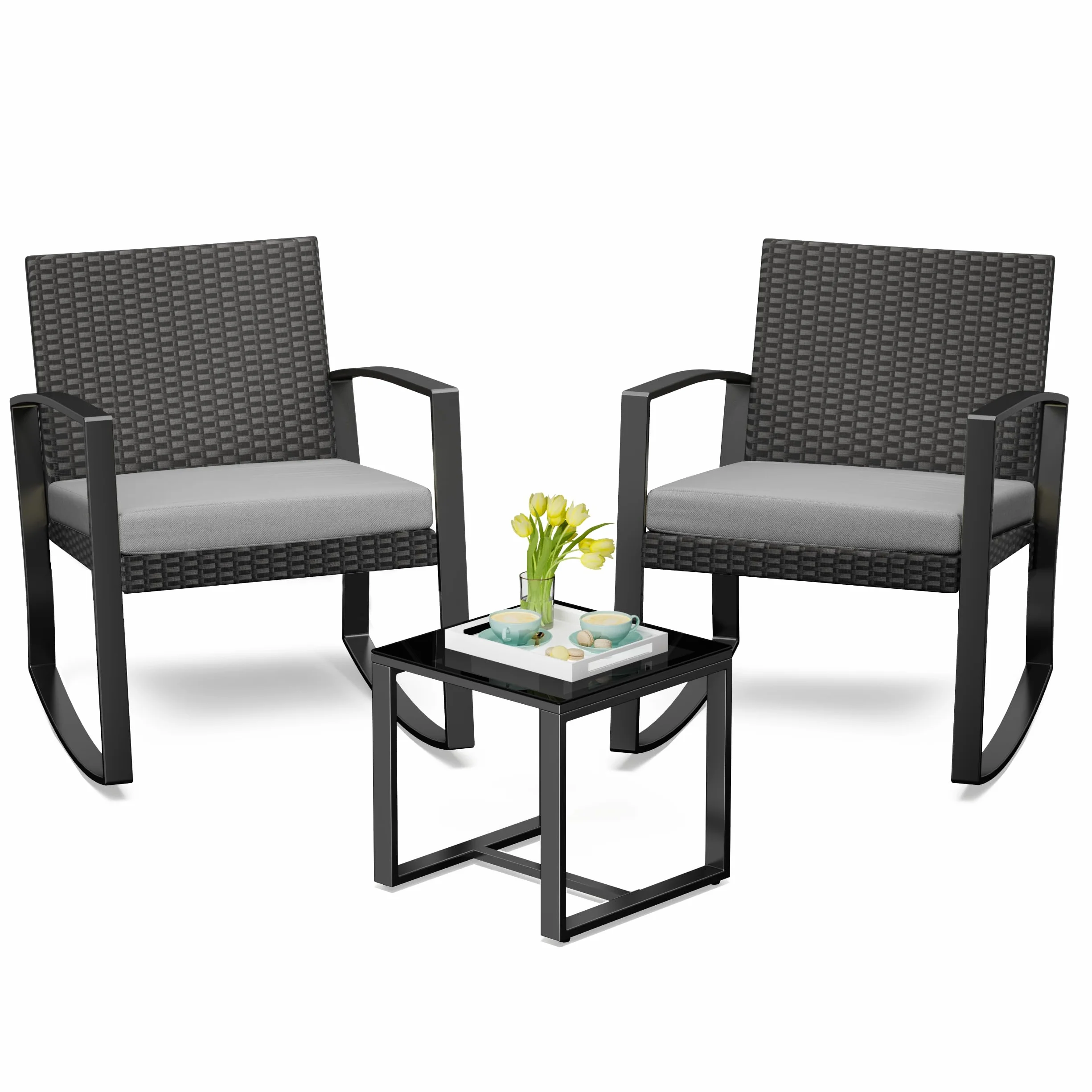Bealife Ensemble Salon de Jardin 3 pièces Fauteuils à Bascule Table Basse Poly Rotin Coussins Gris