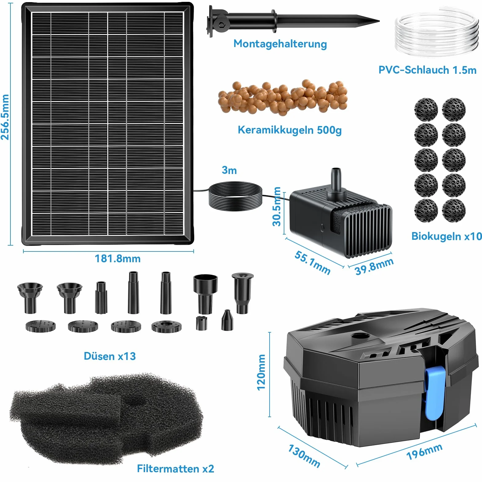 POPOSOAP Fontaine Solaire 8W avec Batterie 3000mAh Filtre Bassin - 8 Modes Pulvérisation Tuyau 1.5m pour Étangs Extérieurs