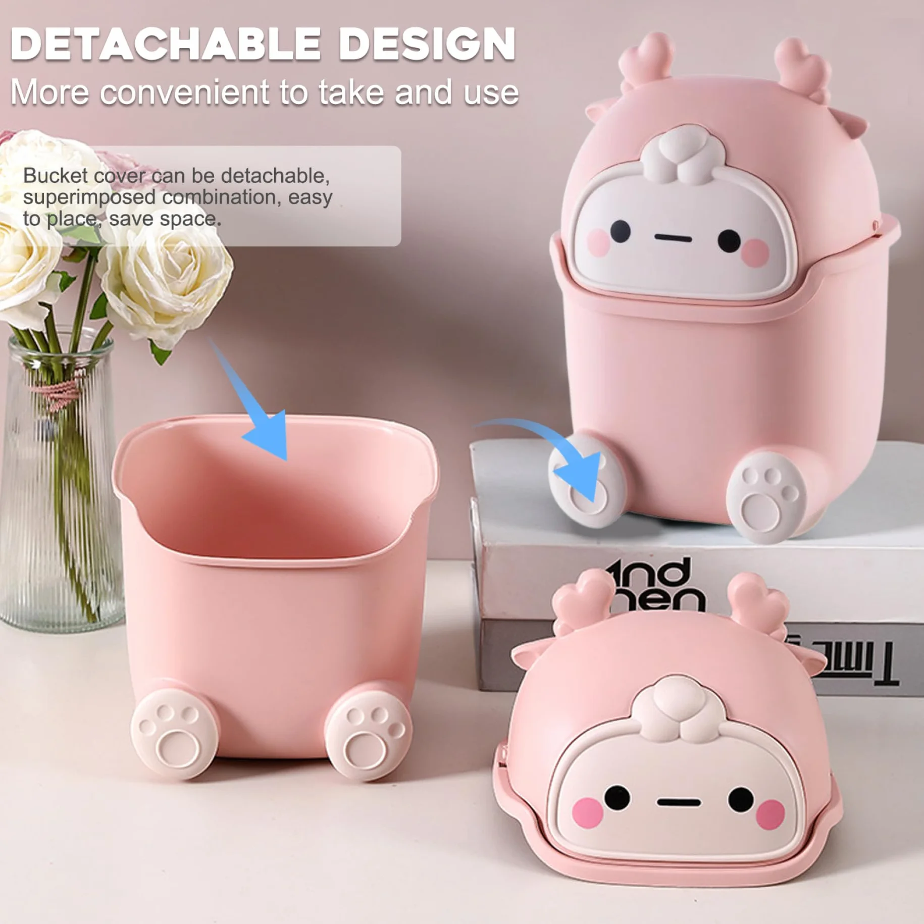 Poubelle en Plastique 2 Litres Mignonne pour Chambre Bureau Chat Enfants Rose