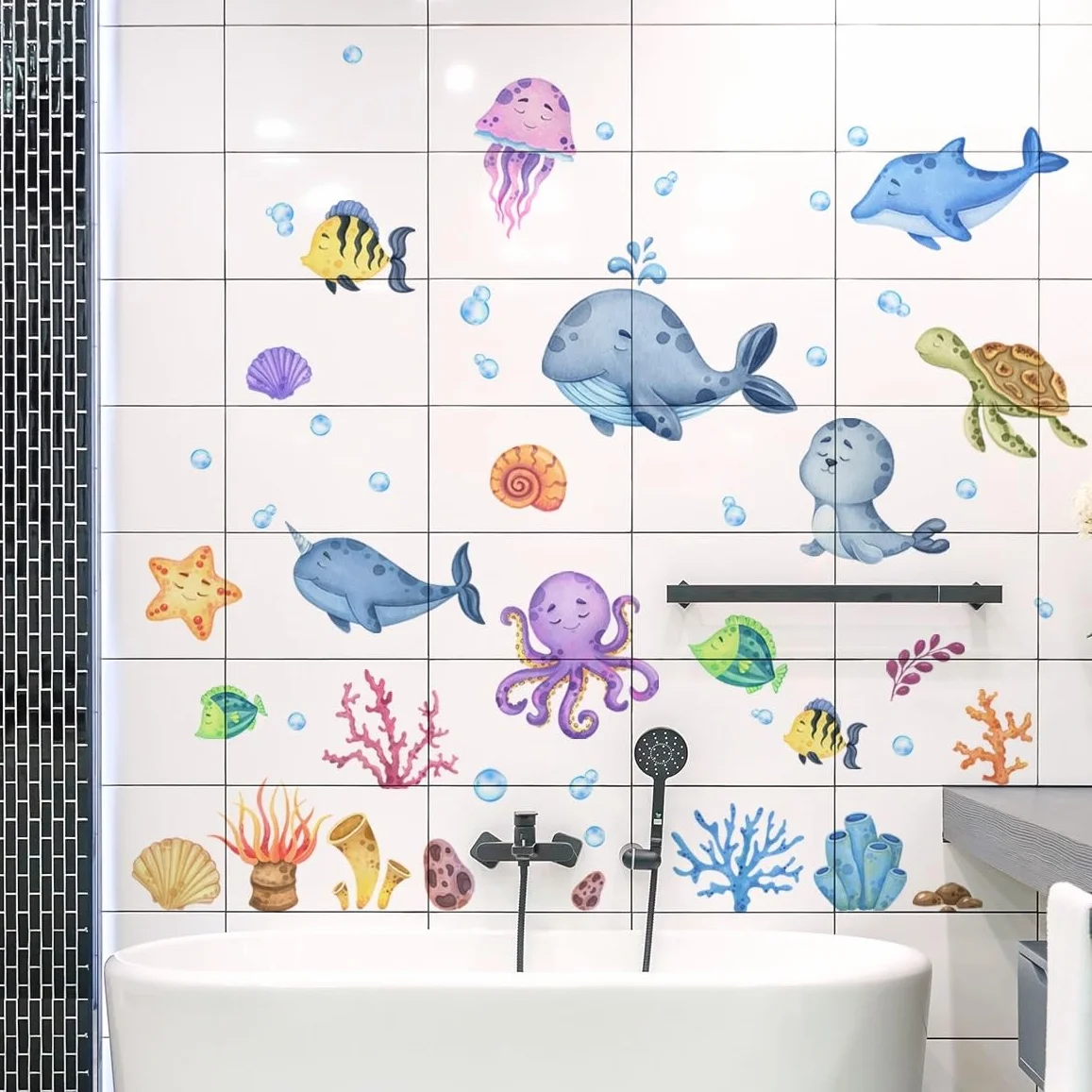 Stickers fenêtre enfant MONDE SOUSMARIN imperméable 59 pièces animaux marins poissons mer océan autocollant salle de bain
