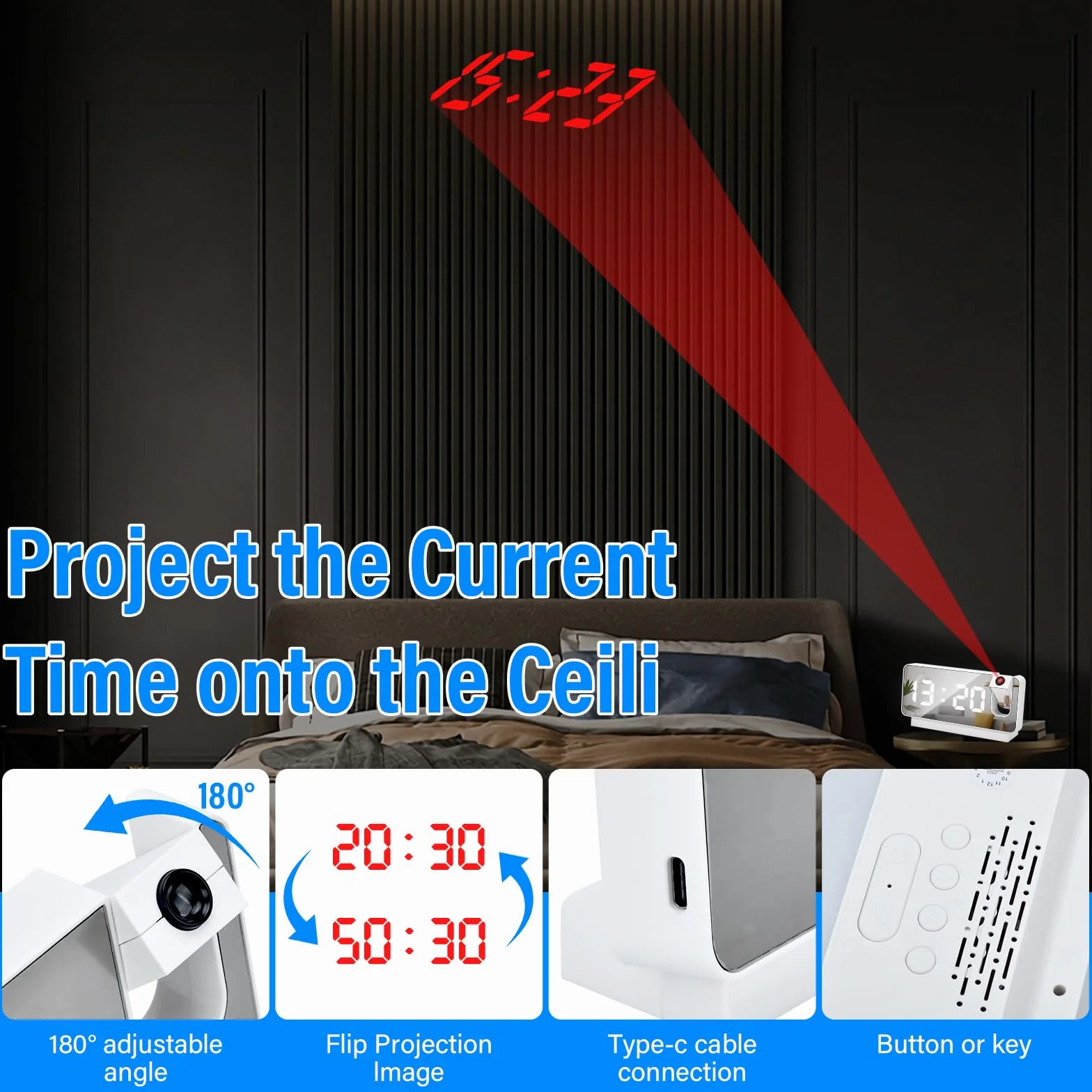Reveil Projecteur Plafond Numérique avec Température Écran LED 180° Horloge 12/24H USB Blanc