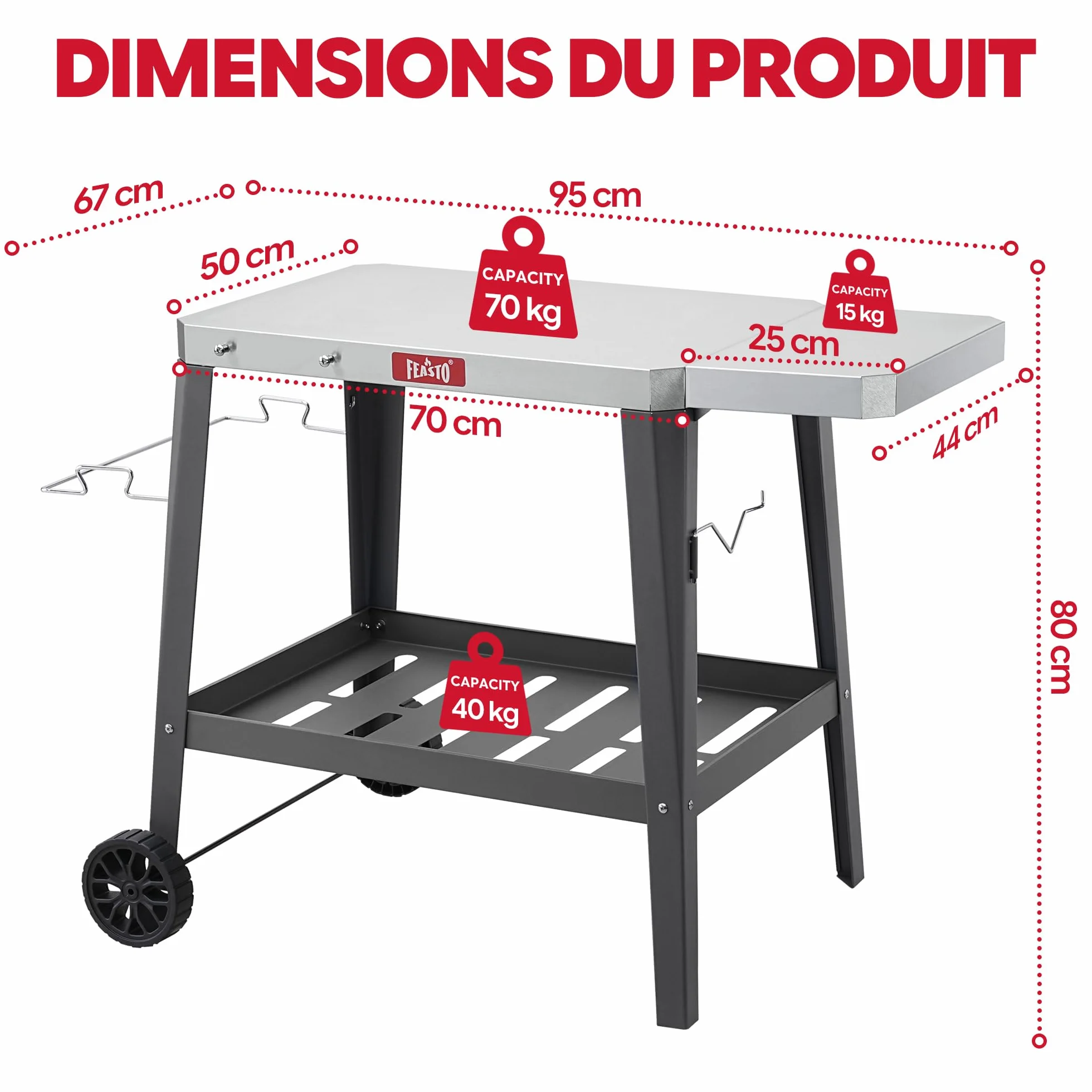 Feasto 2-Étagère Desserte de Jardin Pliable, Chariot de Barbecue Acier INOX, Gris