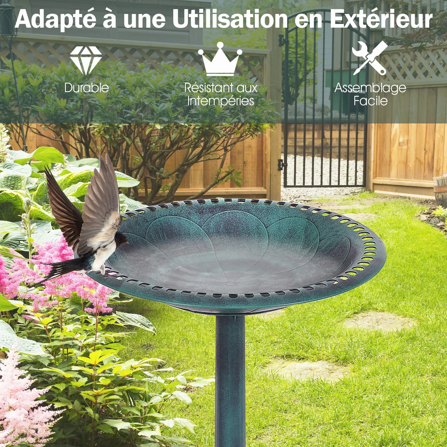 COSTWAY Abreuvoir Oiseaux Extérieur Plateau Dia.50 cm, Mangeoire Oiseaux Hauteur 72CM, Bain d'oiseaux sur Pied, Design Antique (Bronze Vert)