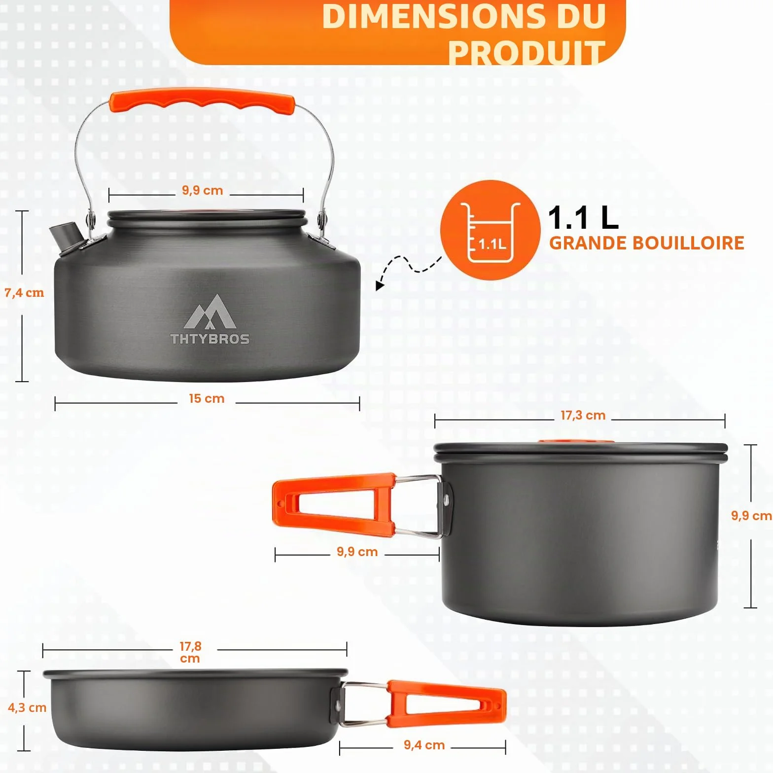 Ensemble de Batterie de Cuisine Camping 17 Pièces, Casserole et Bouilloire en Aluminium Anodisé Dur avec 2 Tasses, 2 Assiettes et Couverts en Acier Inoxydable pour Randonnée, Trek et Pique-nique