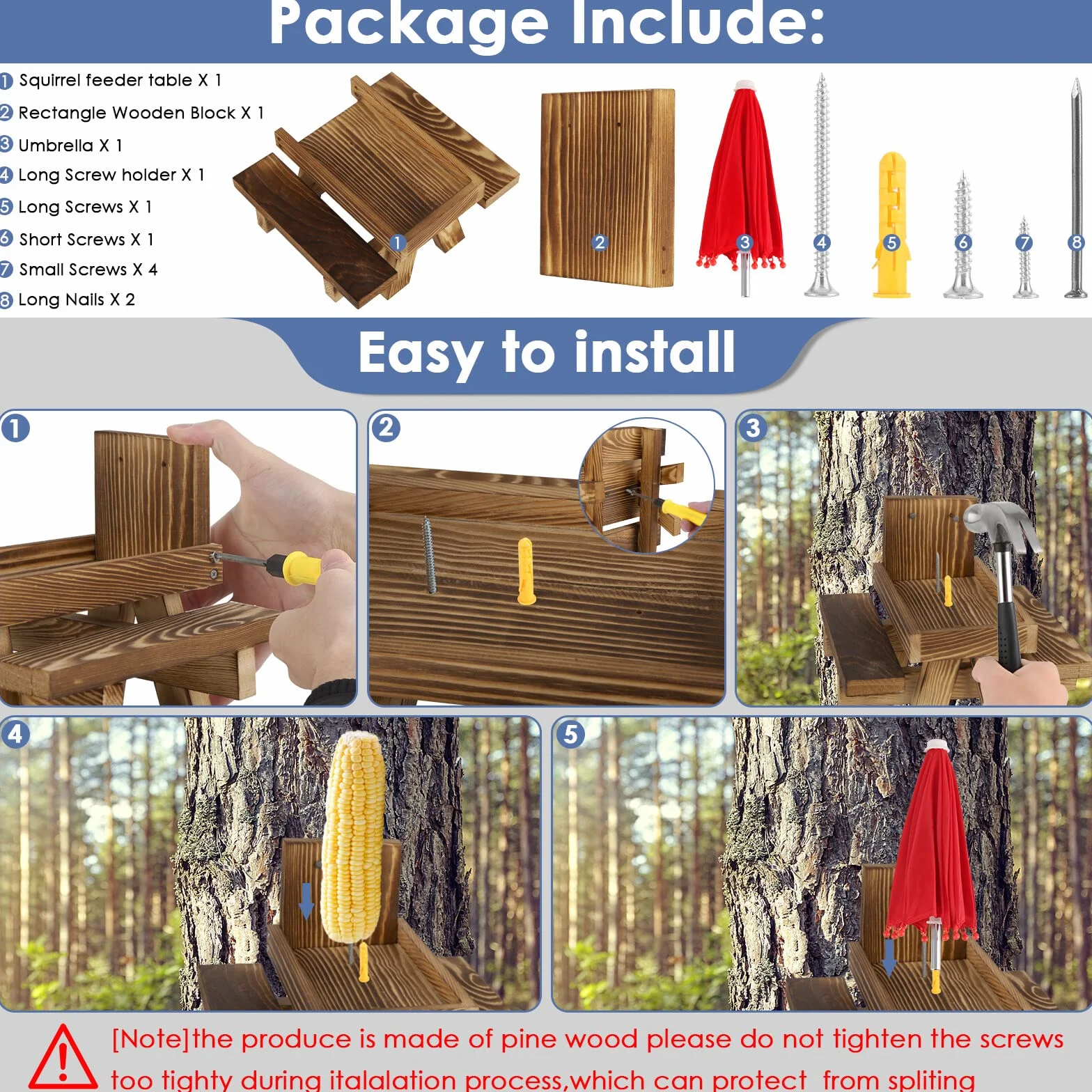 Mangeoire pour écureuil avec parapluie – Banc de pique-nique en bois avec support pour maïs, décoration de jardin