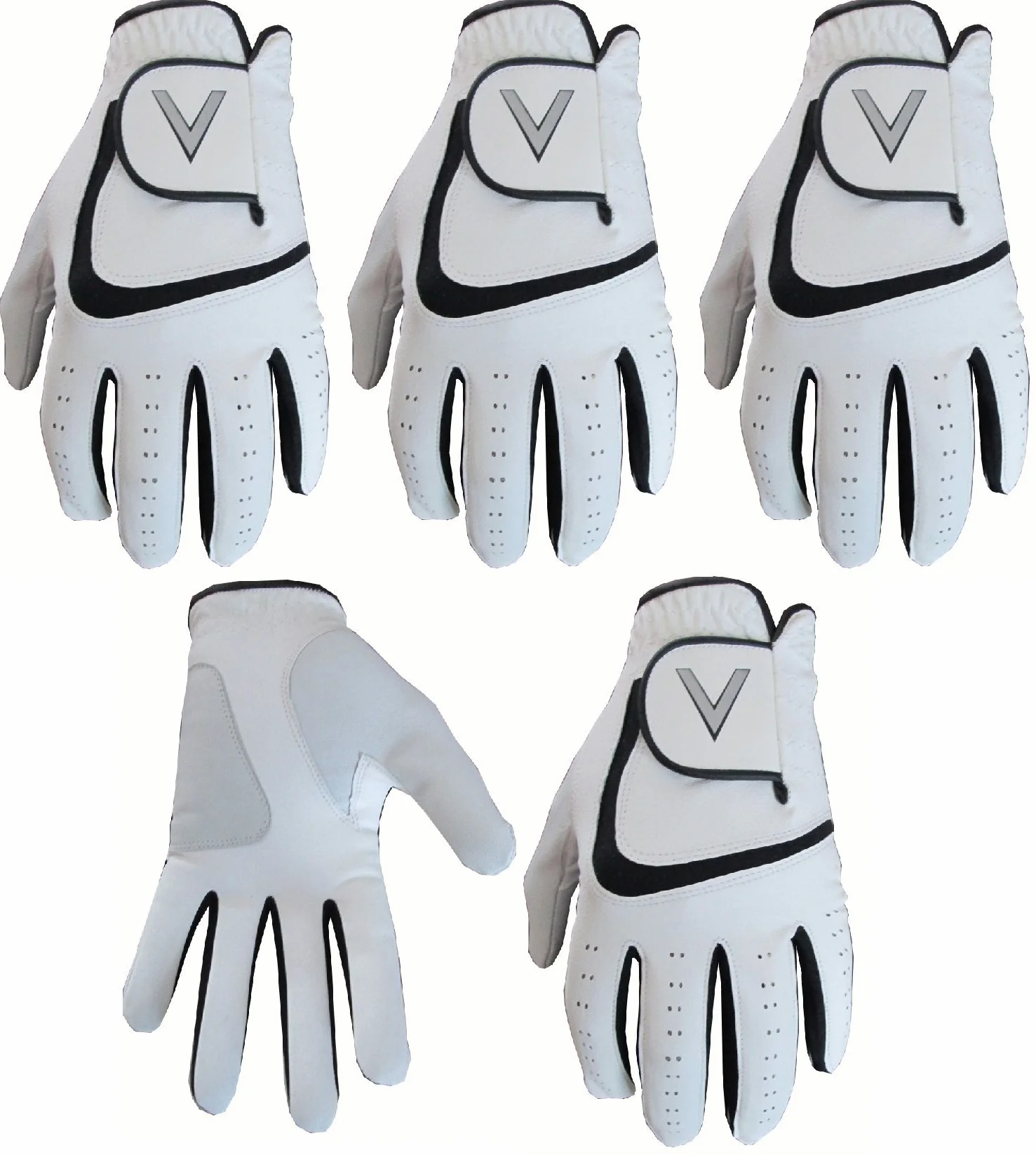 5 gants de golf blancs toute saison pour hommes Cabretta pouce et empaumure en cuir.