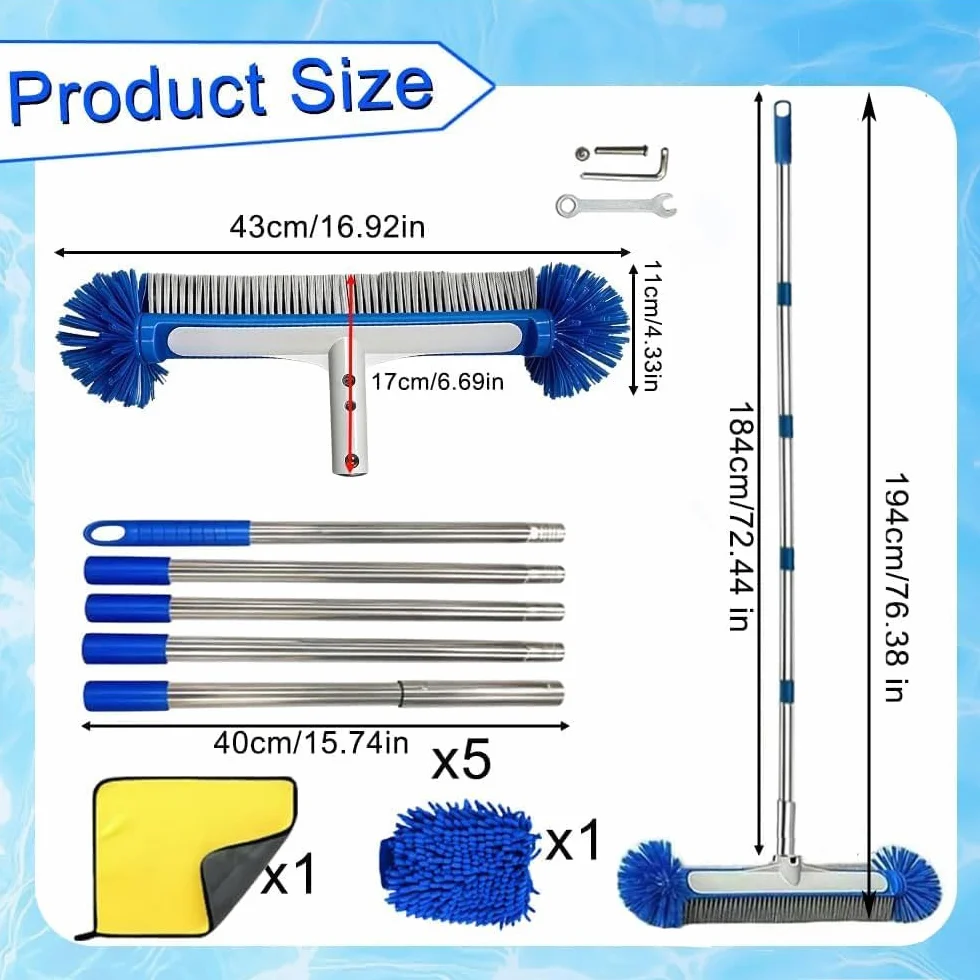 Brosse de Piscine avec Tige Télescopique 194 cm, Tête de Brosse 43 cm, Perche Amovible Acier Inoxydable