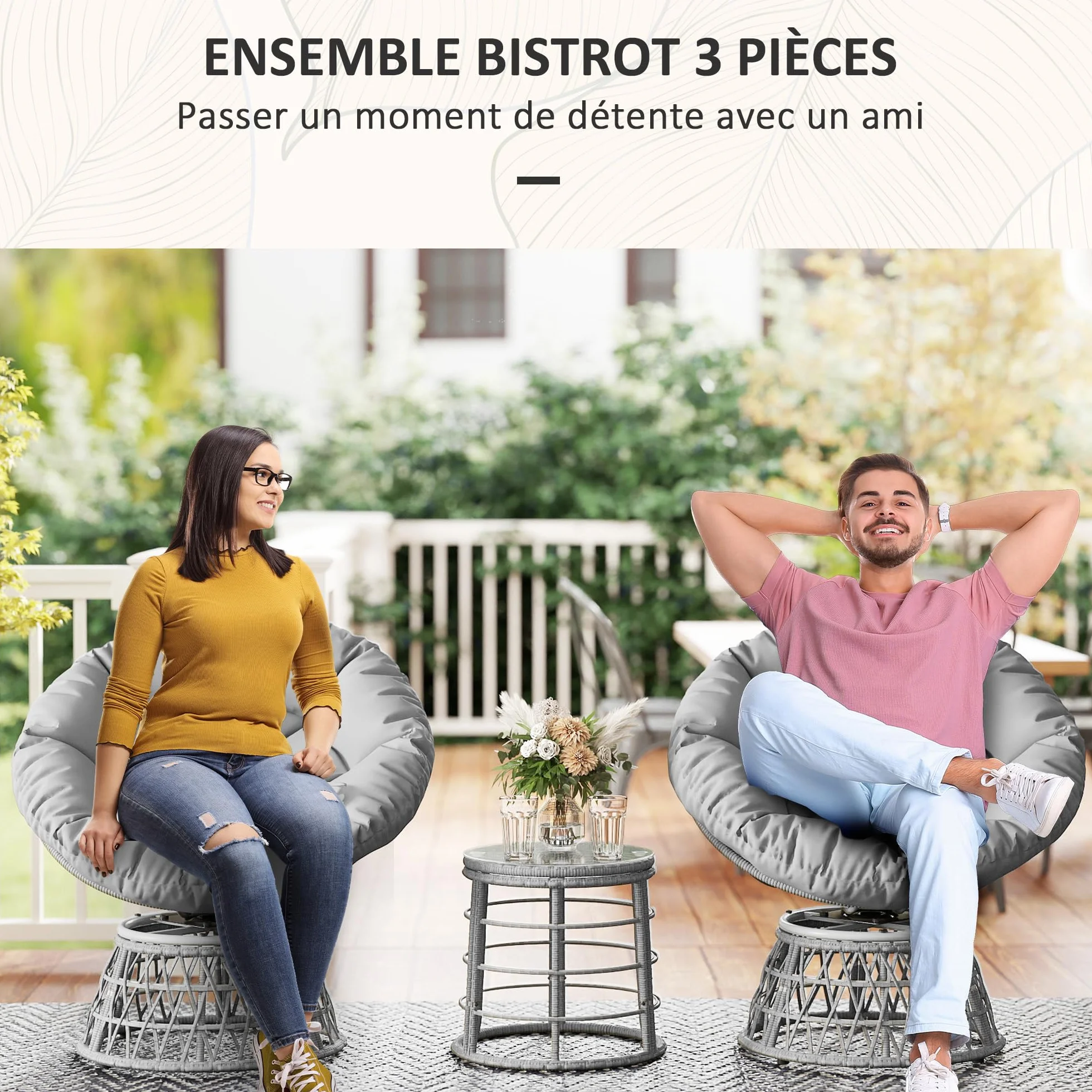 Outsunny Ensemble Salon de Jardin 3 pièces avec Fauteuils Papasan Pivotant et Table Basse Ronde Gris Résine Tressée